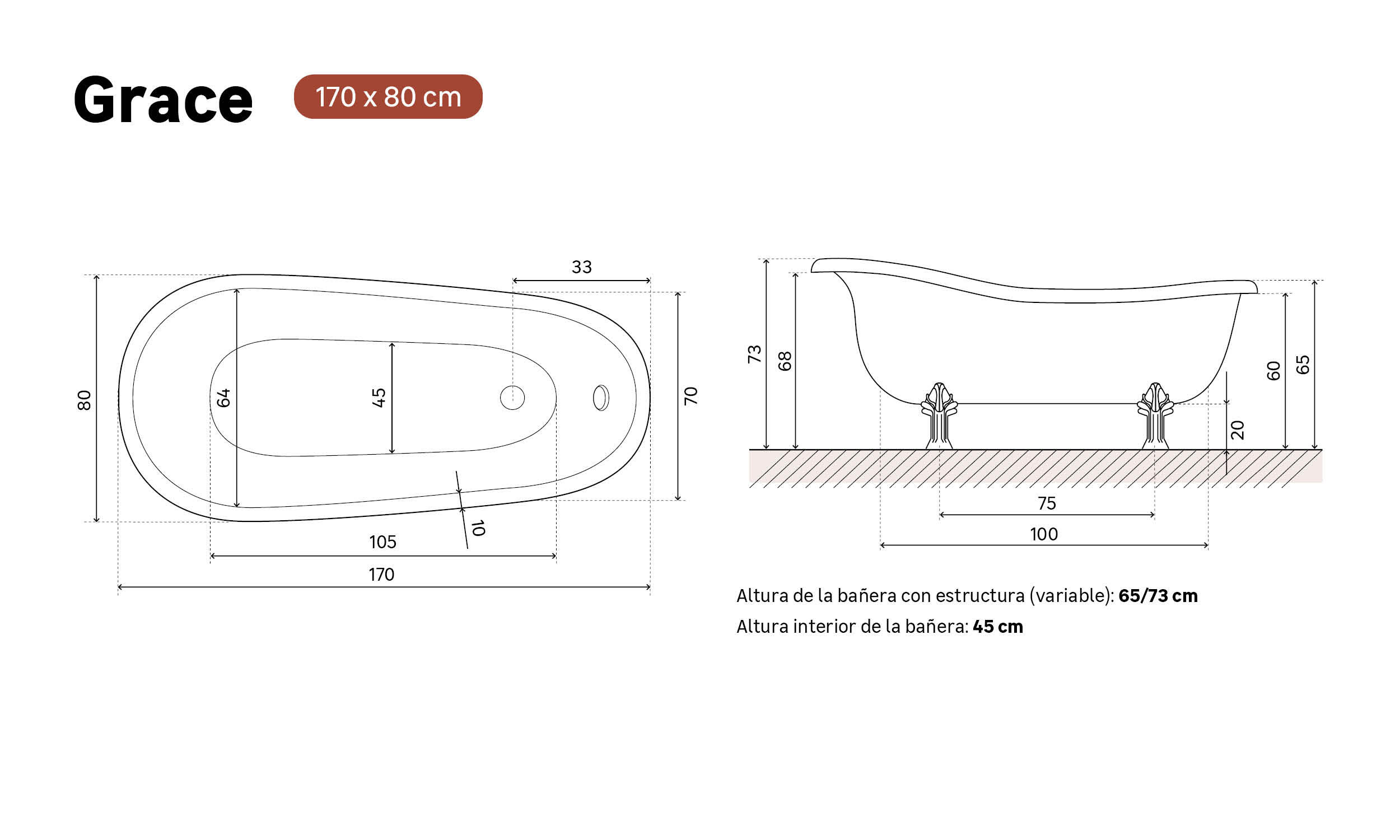 Bañera isla OBATH Grace blanco 170x80 cm - 6