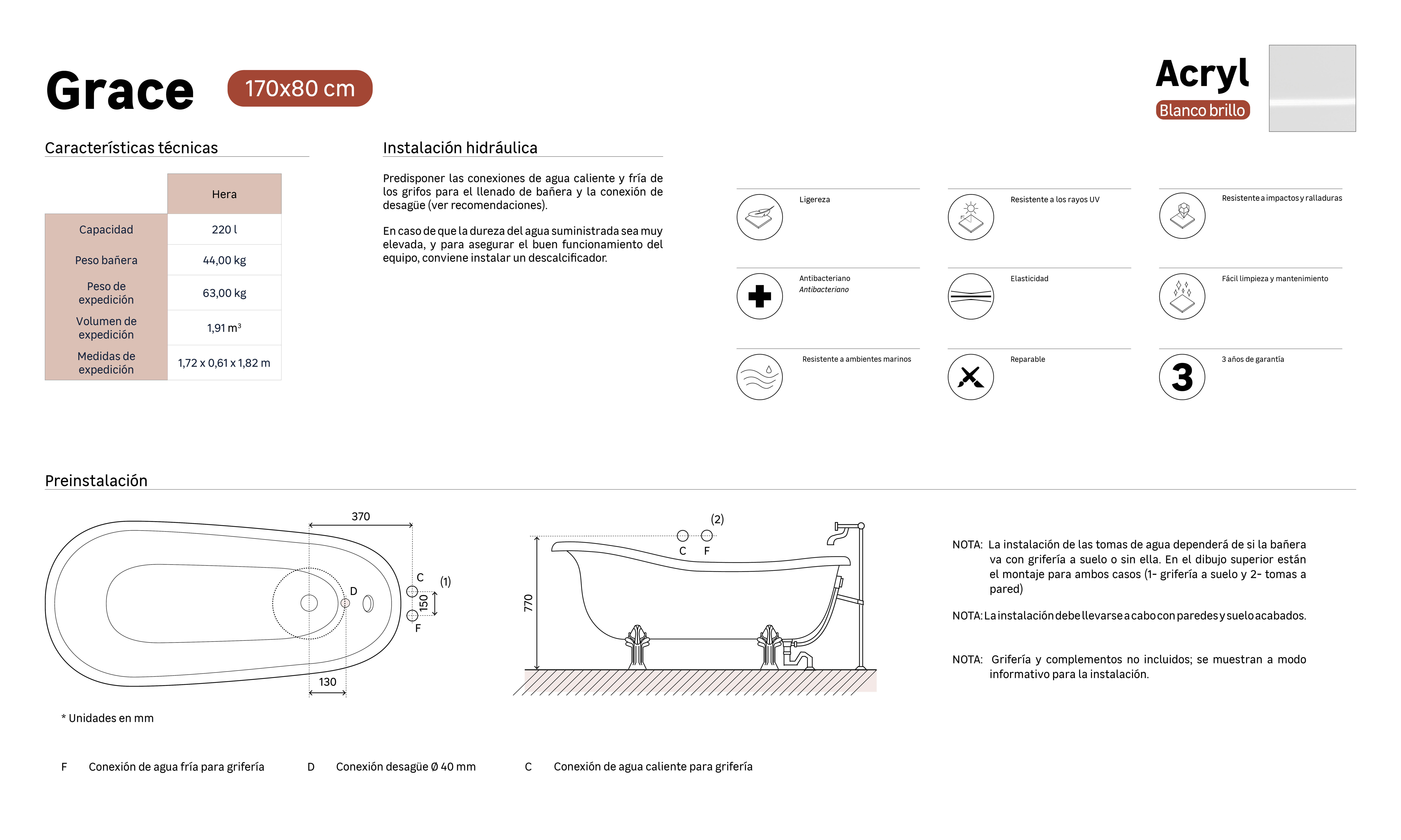 Bañera isla OBATH Grace blanco 170x80 cm - 9