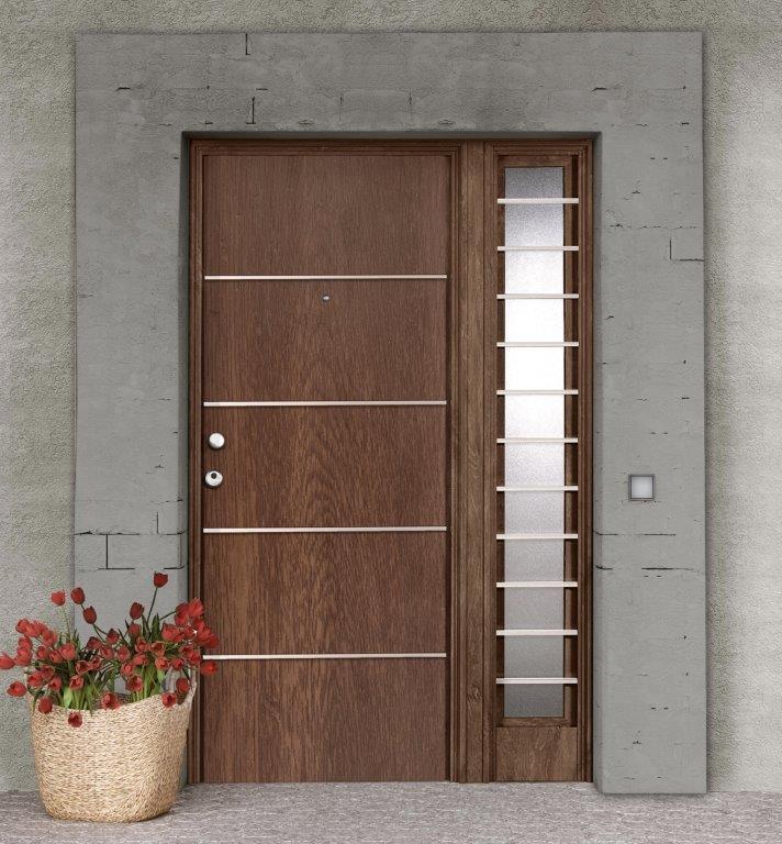 Puerta de entrada metálica insercciones aluminio derecha roble 93x209.5 cm
