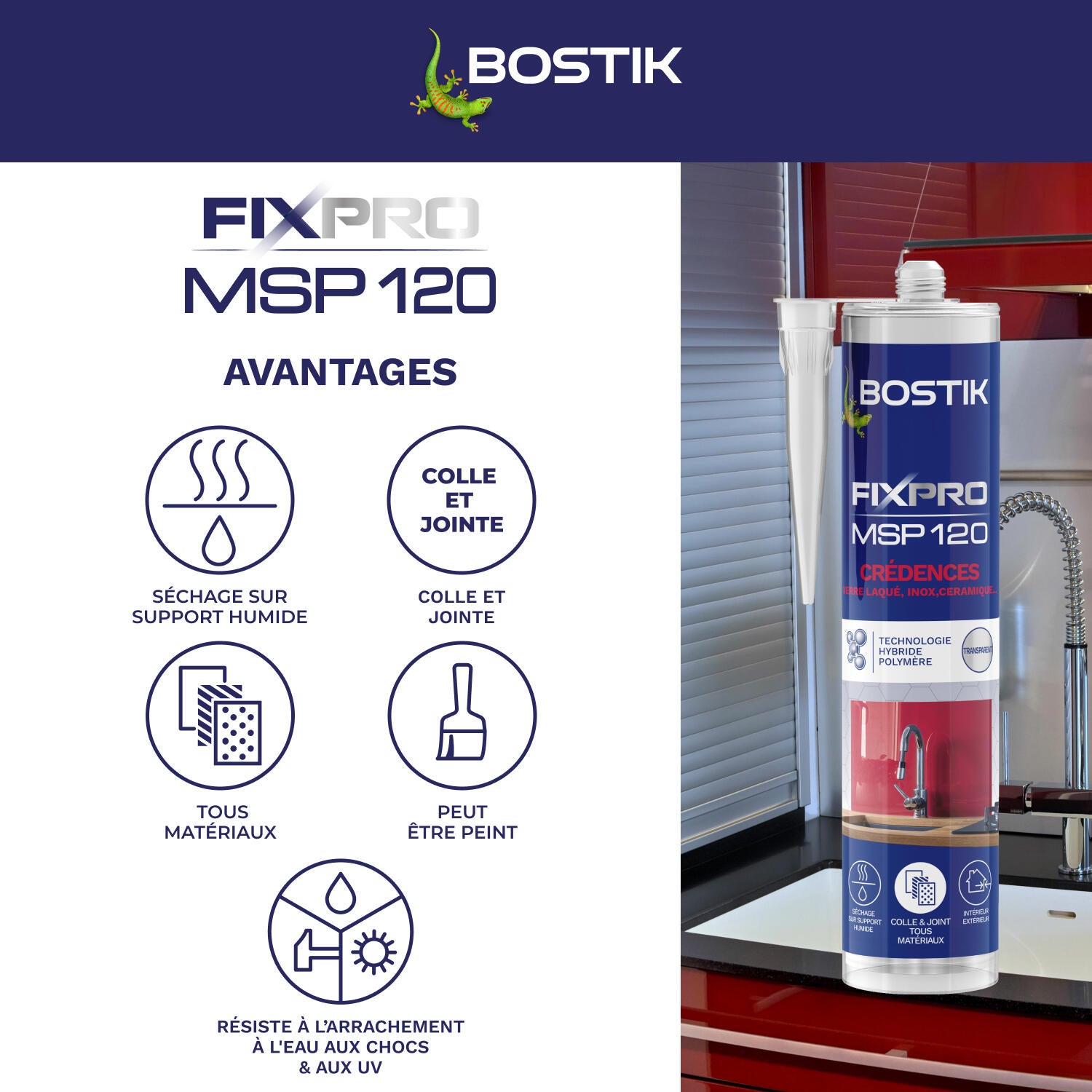 Colle fixation gel MS polymère BOSTIK Crédences fixpro msp 120 transparent 290ml - 3