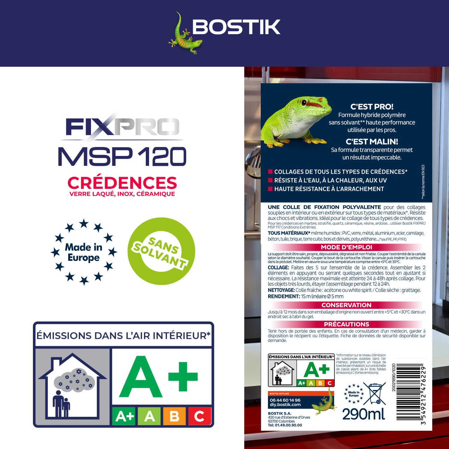 Colle fixation gel MS polymère BOSTIK Crédences fixpro msp 120 transparent 290ml - 7