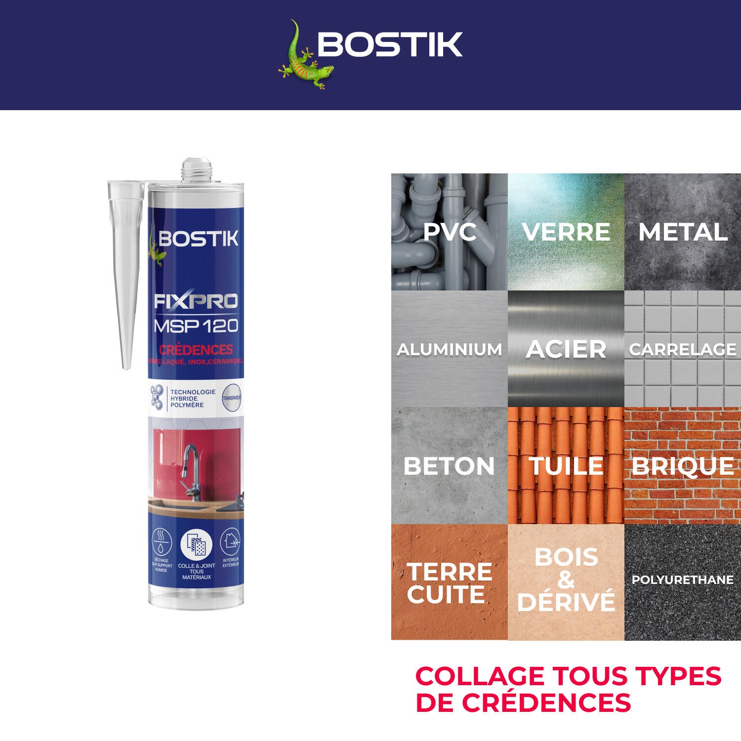 Colle fixation gel MS polymère BOSTIK Crédences fixpro msp 120 transparent 290ml - 5