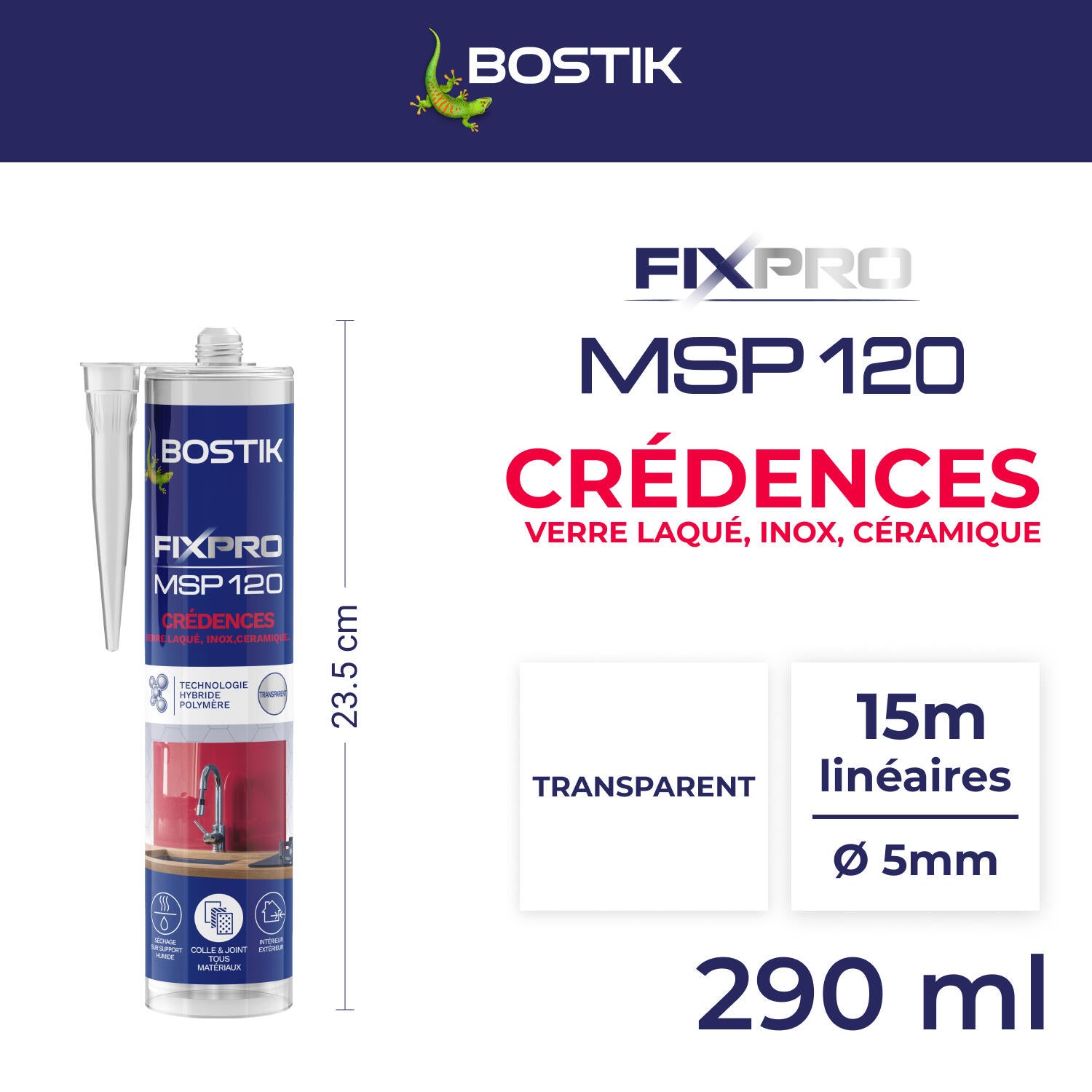 Colle de fixation MS polymère Crédences fixpro msp120 BOSTIK 290ml transparent - 2