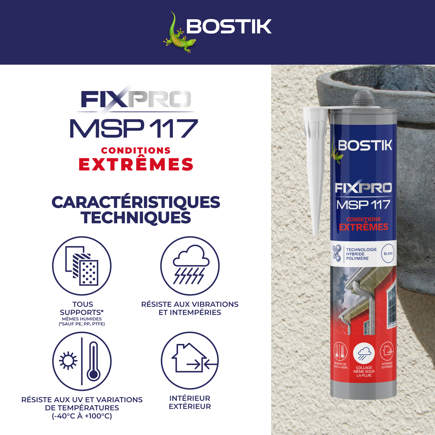 Colle de fixation MS polymère Condi extrêmes FIXPRO MSP117 BOSTIK, 290 ml blanc - 3