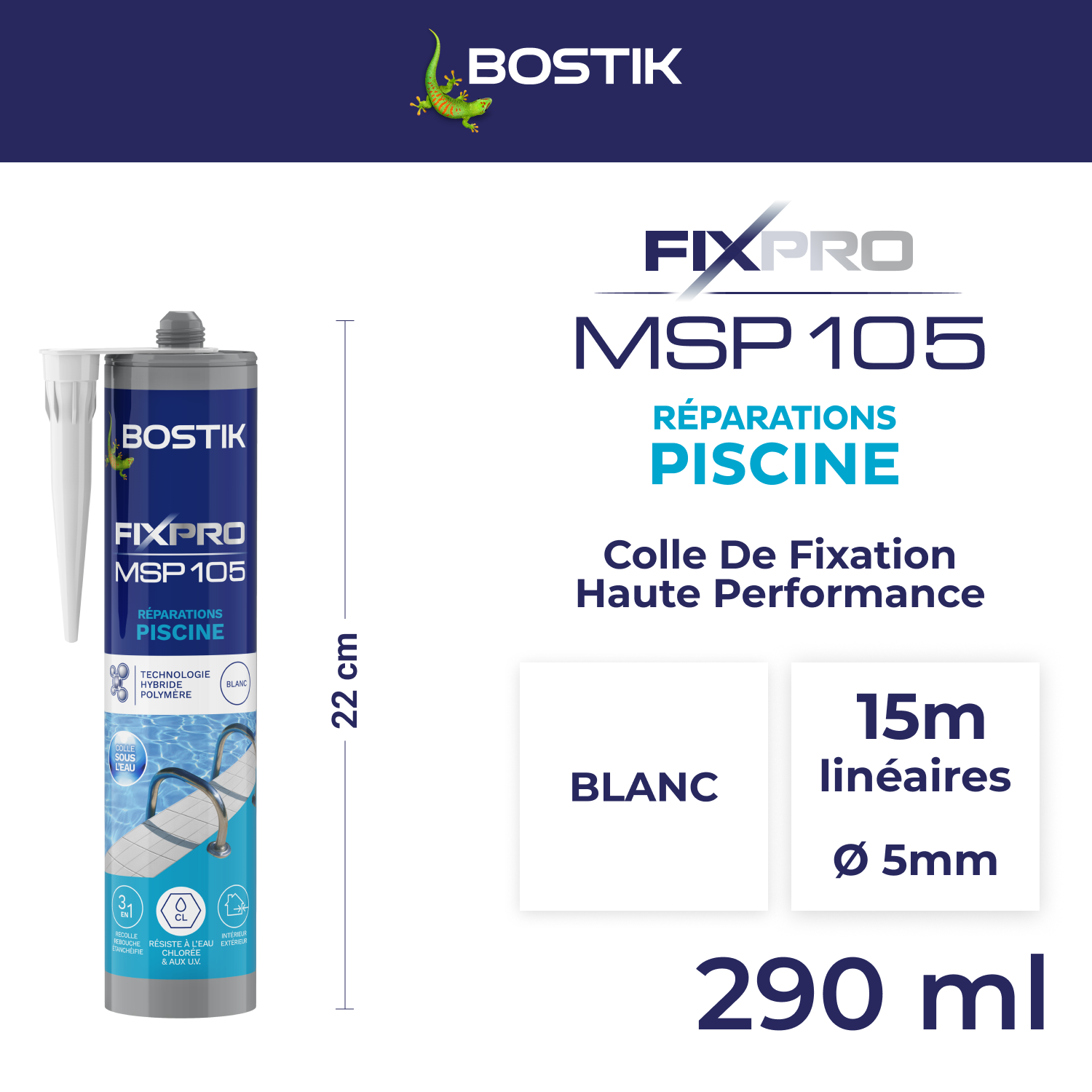 Colle de fixation gel MS polymère Piscine fixpro msp 105 BOSTIK, 290ml blanc - 2