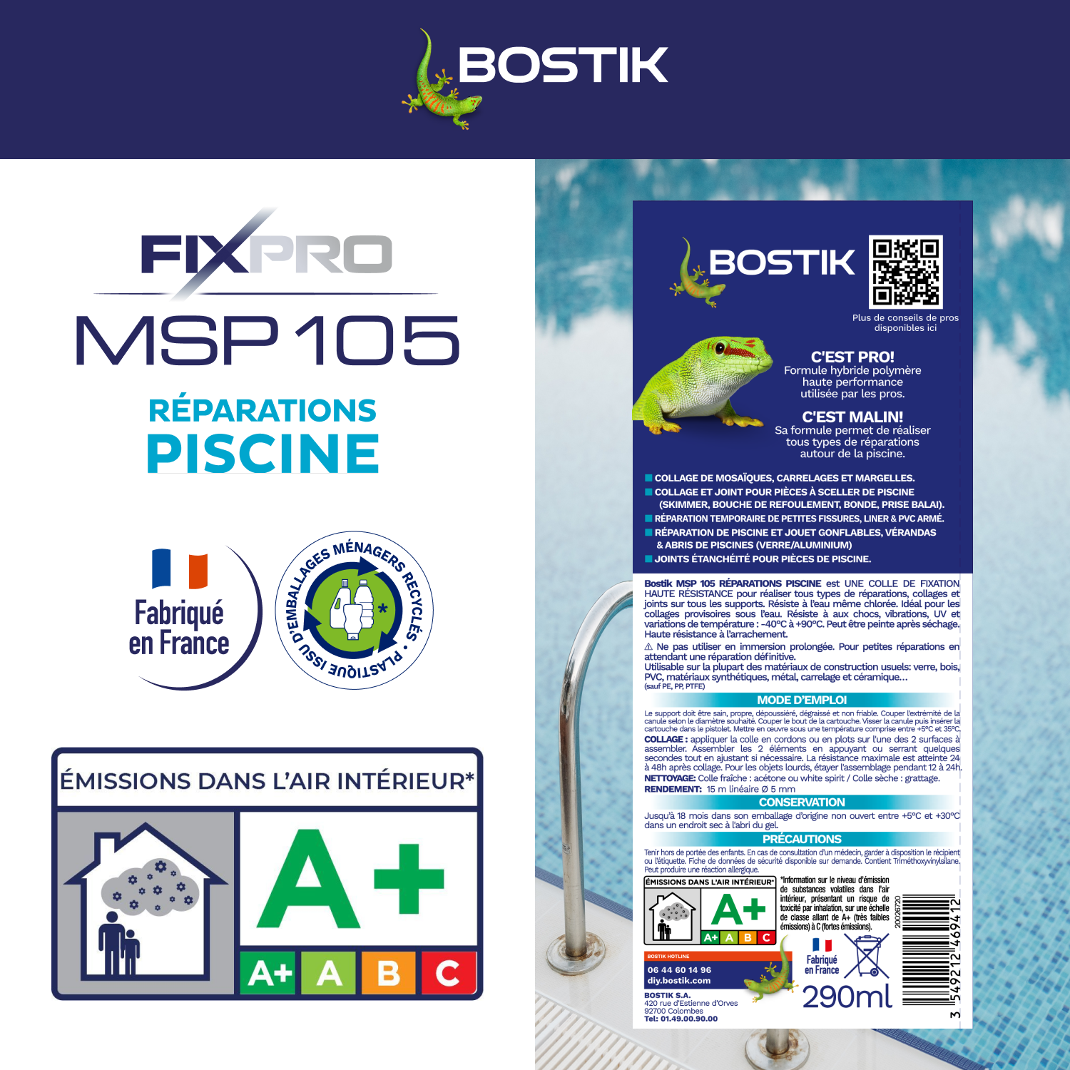 Colle de fixation gel MS polymère Piscine fixpro msp 105 BOSTIK, 290ml blanc - 6