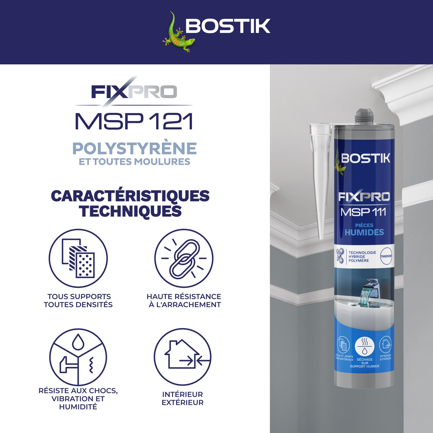 Colle fixation MS polymère Polystyrène moulure fixpro msp121 BOSTIK 290ml blanc - 4