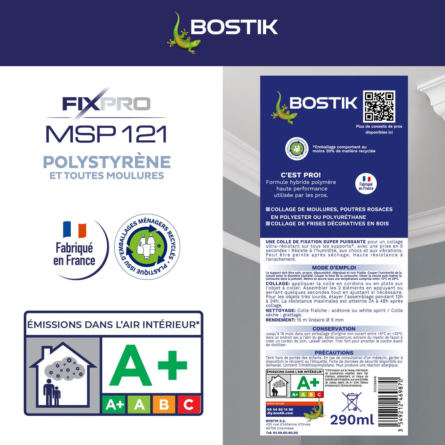 Colle fixation MS polymère Polystyrène moulure fixpro msp121 BOSTIK 290ml blanc - 6