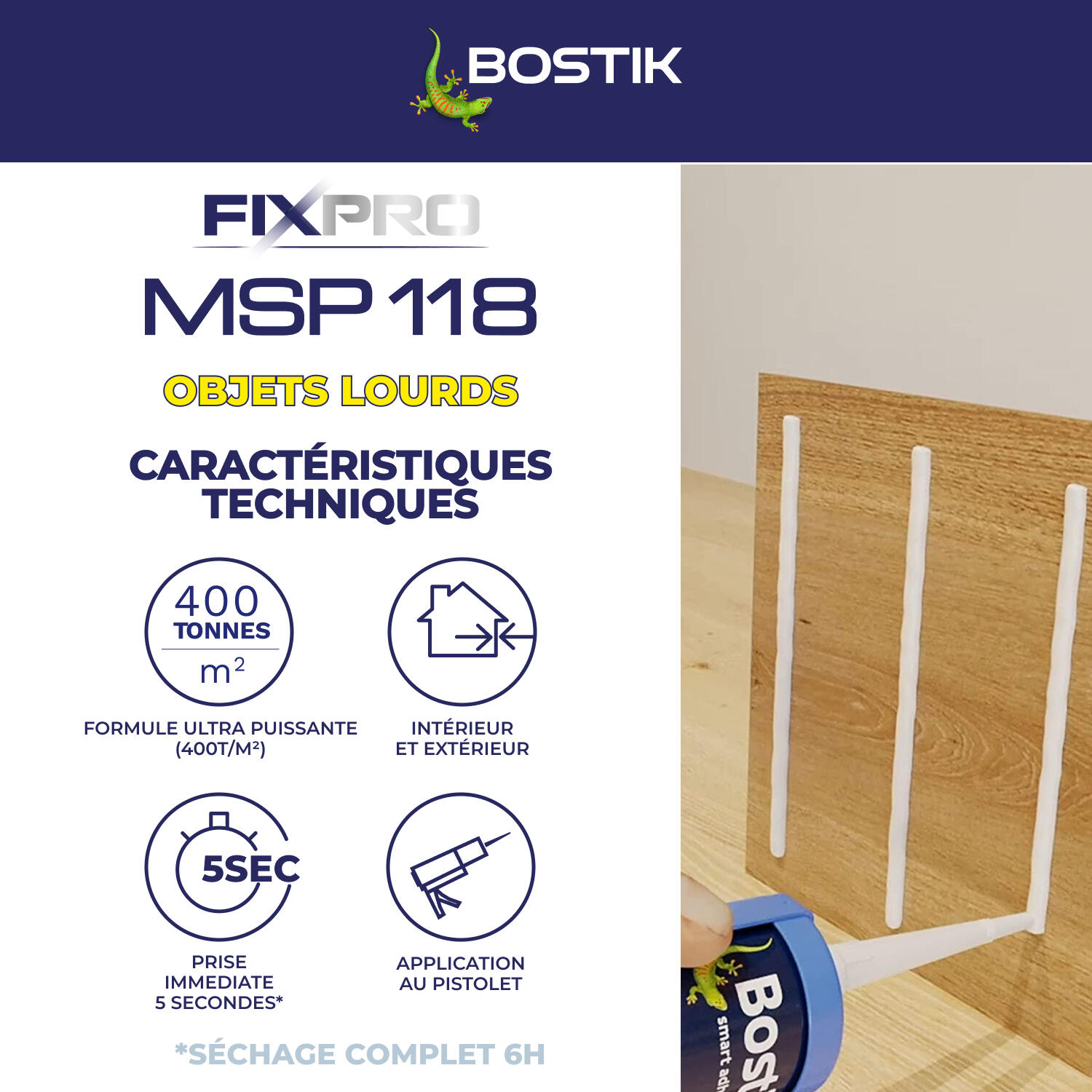 Colle de fixation gel MS polymère Objet lourd fixpro msp118 BOSTIK, 290ml blanc - 4