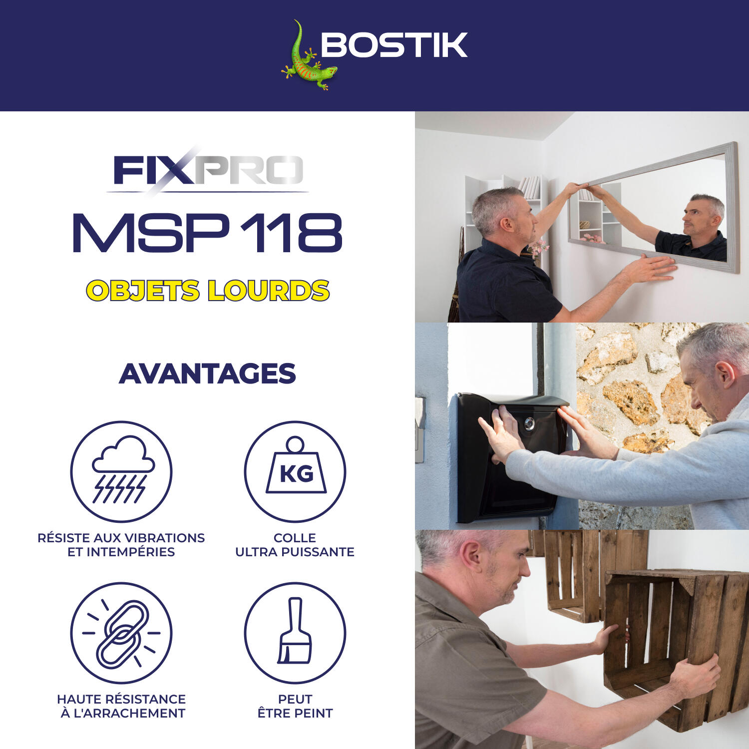 Colle de fixation gel MS polymère Objet lourd fixpro msp118 BOSTIK, 290ml blanc - 5