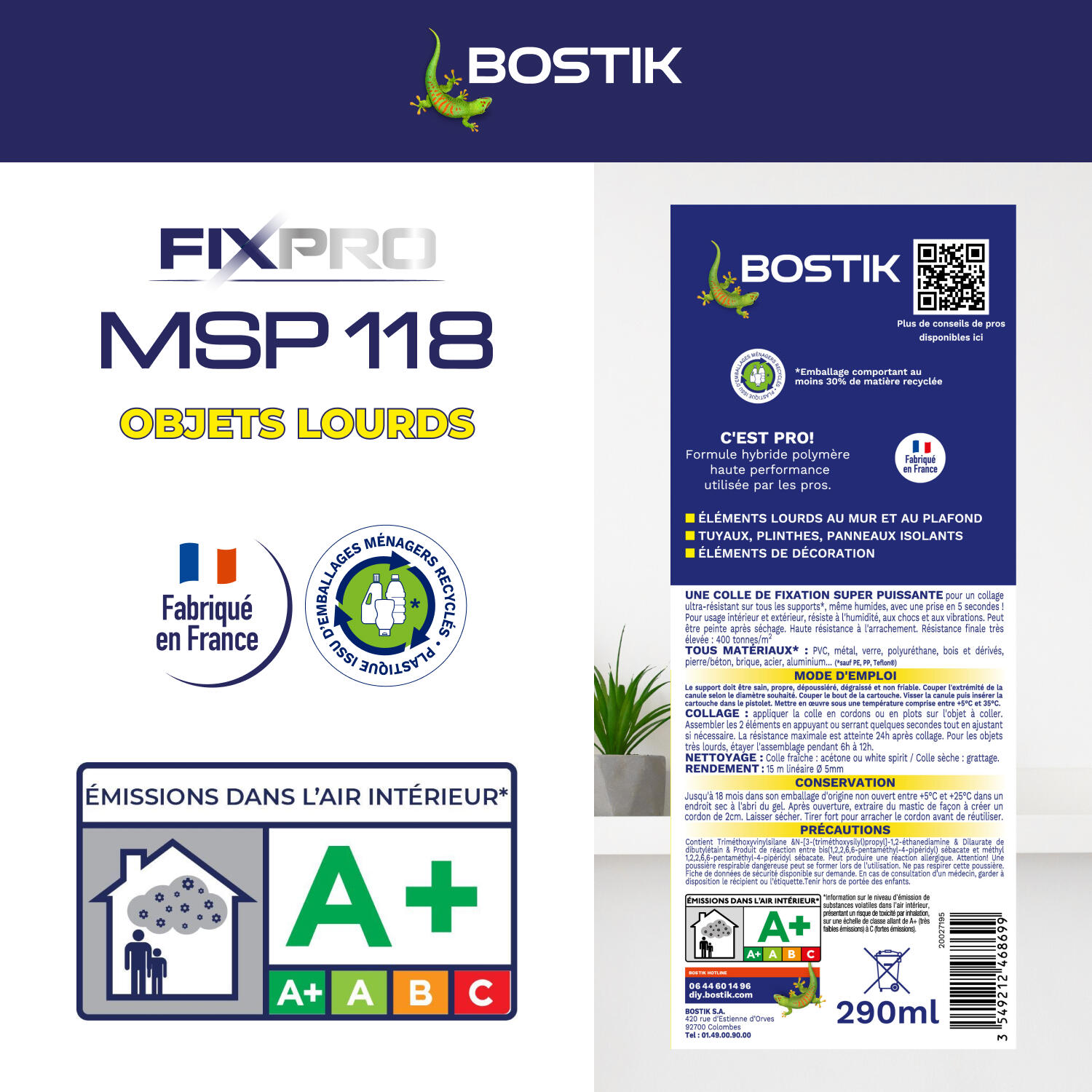 Colle de fixation gel MS polymère Objet lourd fixpro msp118 BOSTIK, 290ml blanc - 7