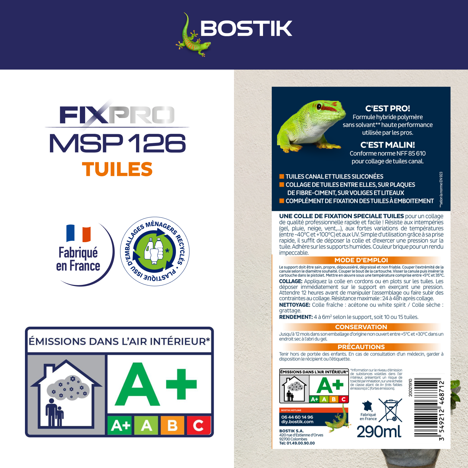 Colle de fixation gel MS polymère Tuiles fixpro msp 126 BOSTIK, 290ml rouge - 6