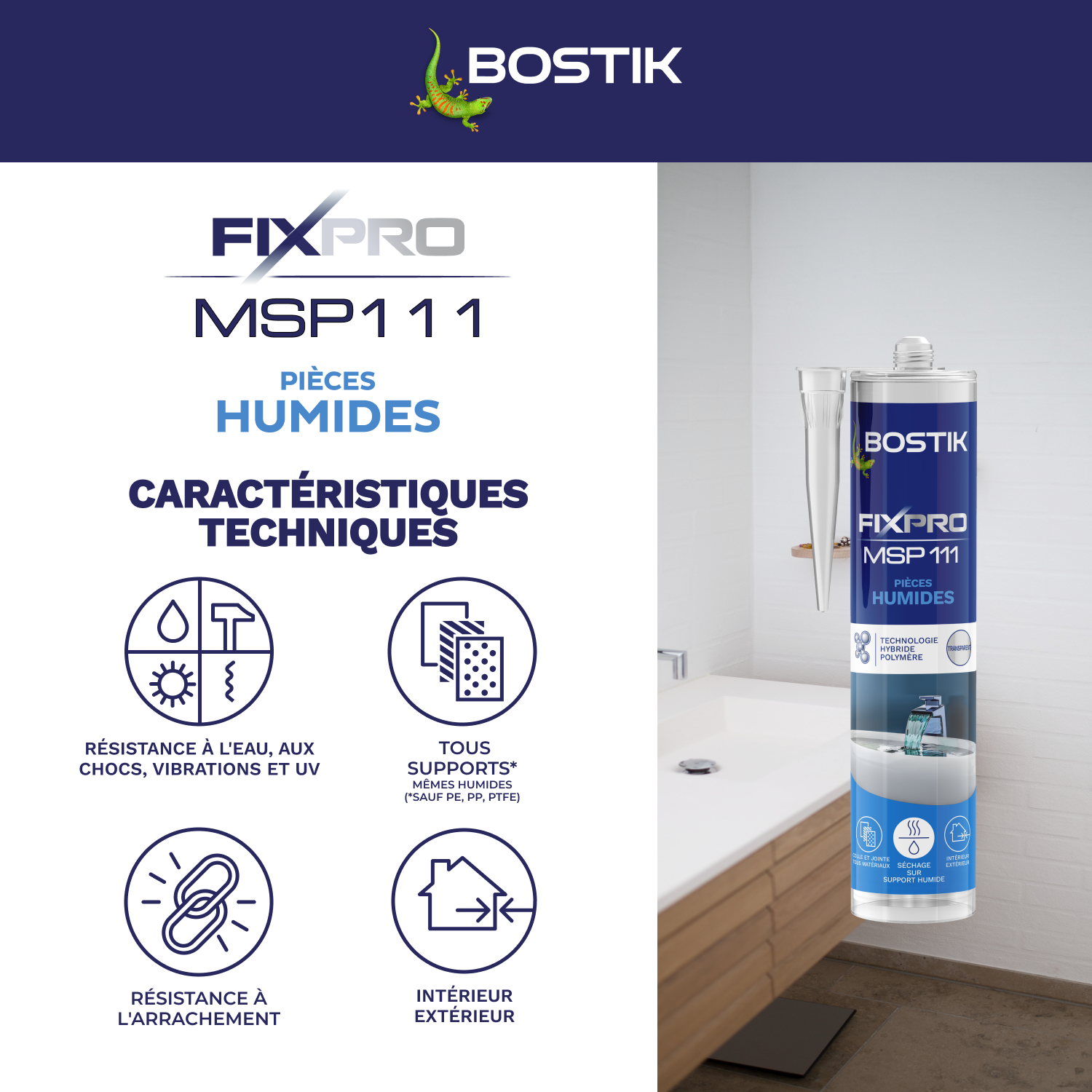 Colle fixation MS polymère pièce humide fixpro msp111 BOSTIK 290ml transparent - 3