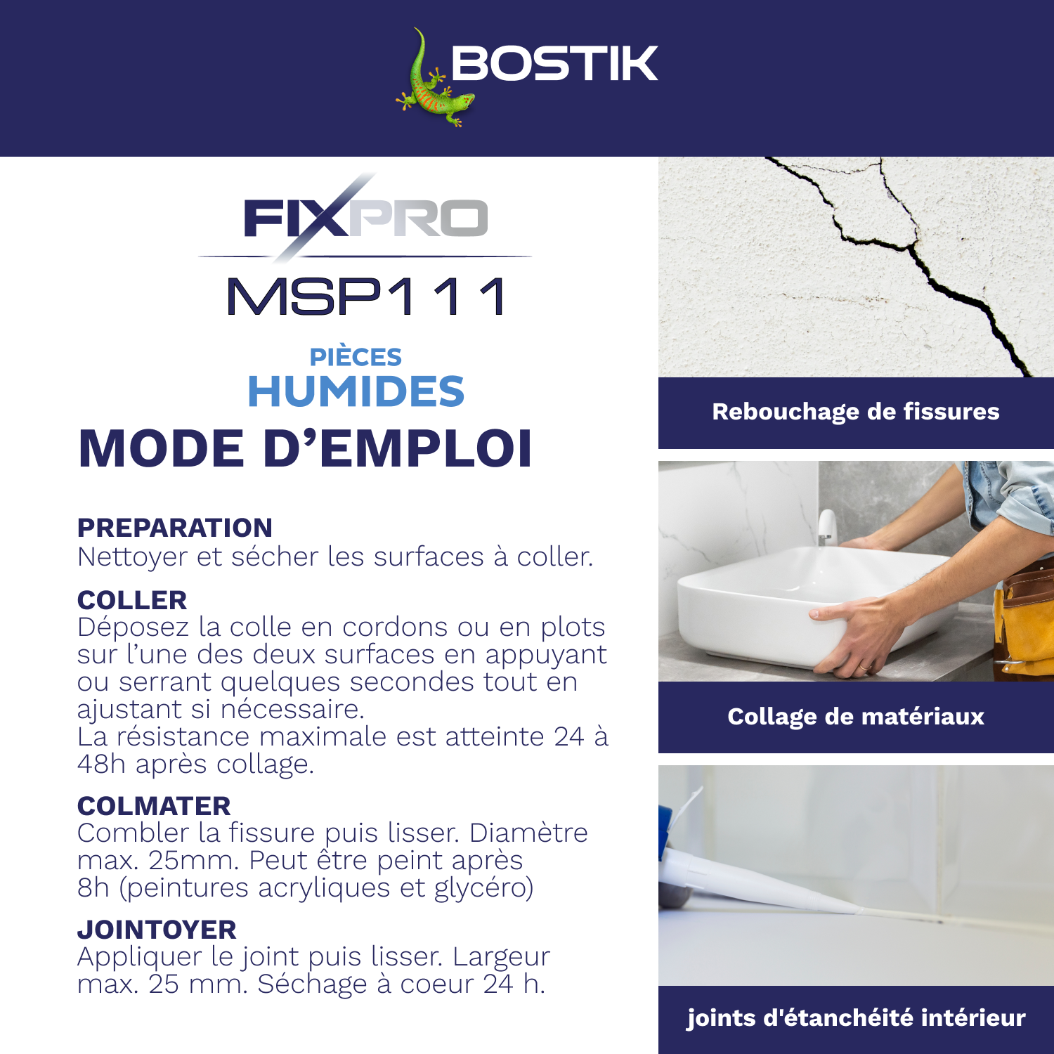 Colle fixation MS polymère pièce humide fixpro msp111 BOSTIK 290ml transparent - 5