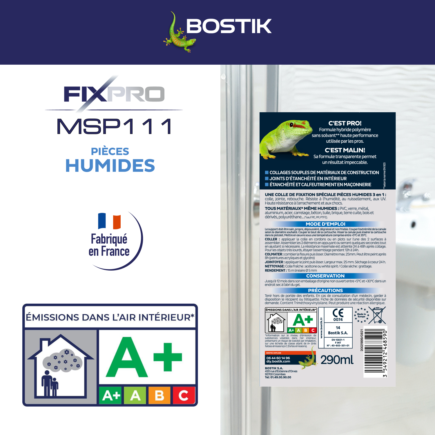 Colle fixation MS polymère pièce humide fixpro msp111 BOSTIK 290ml transparent - 6