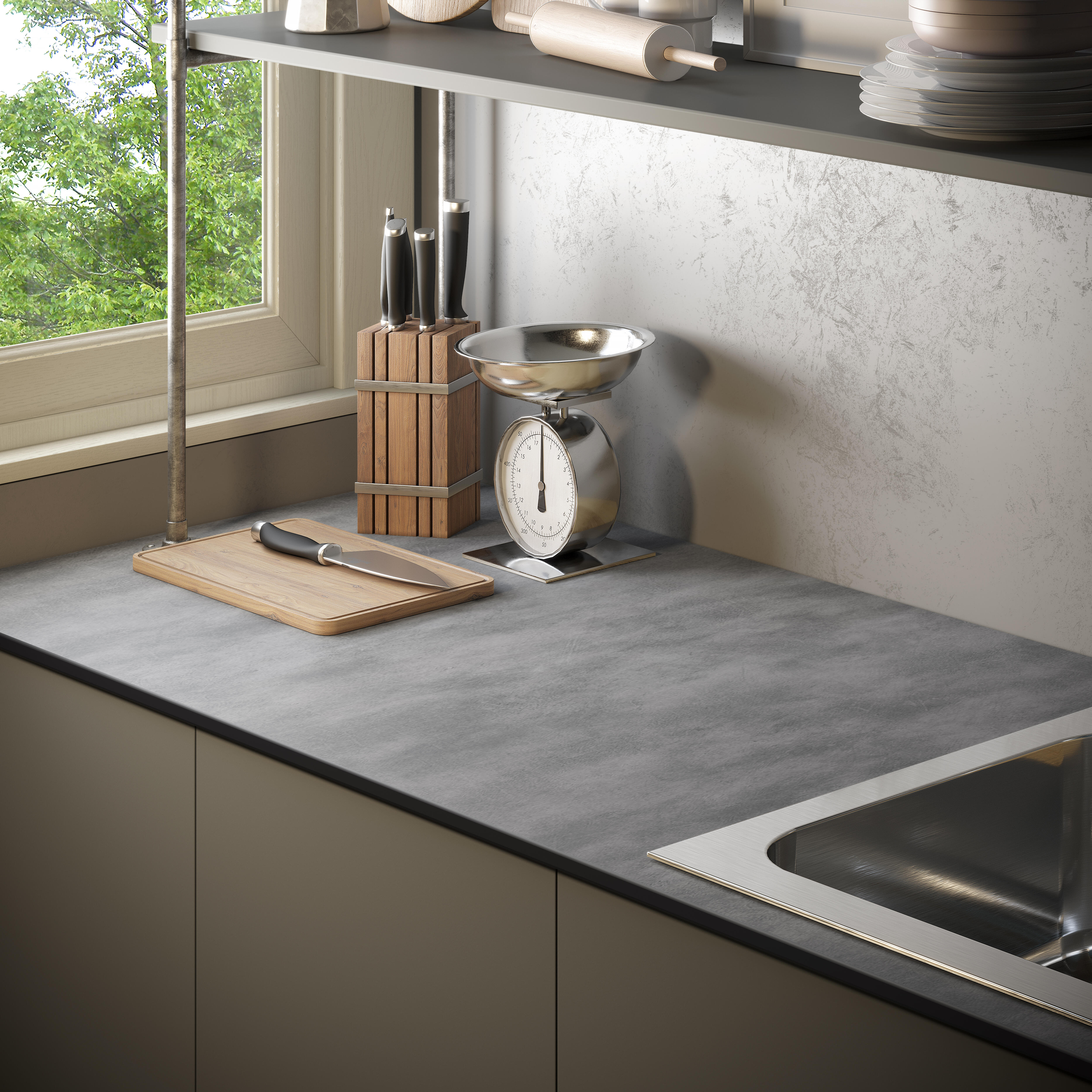 Encimera de cocina laminada compacta Tokyo cemento 300x63 cm espesor 12mm - 3