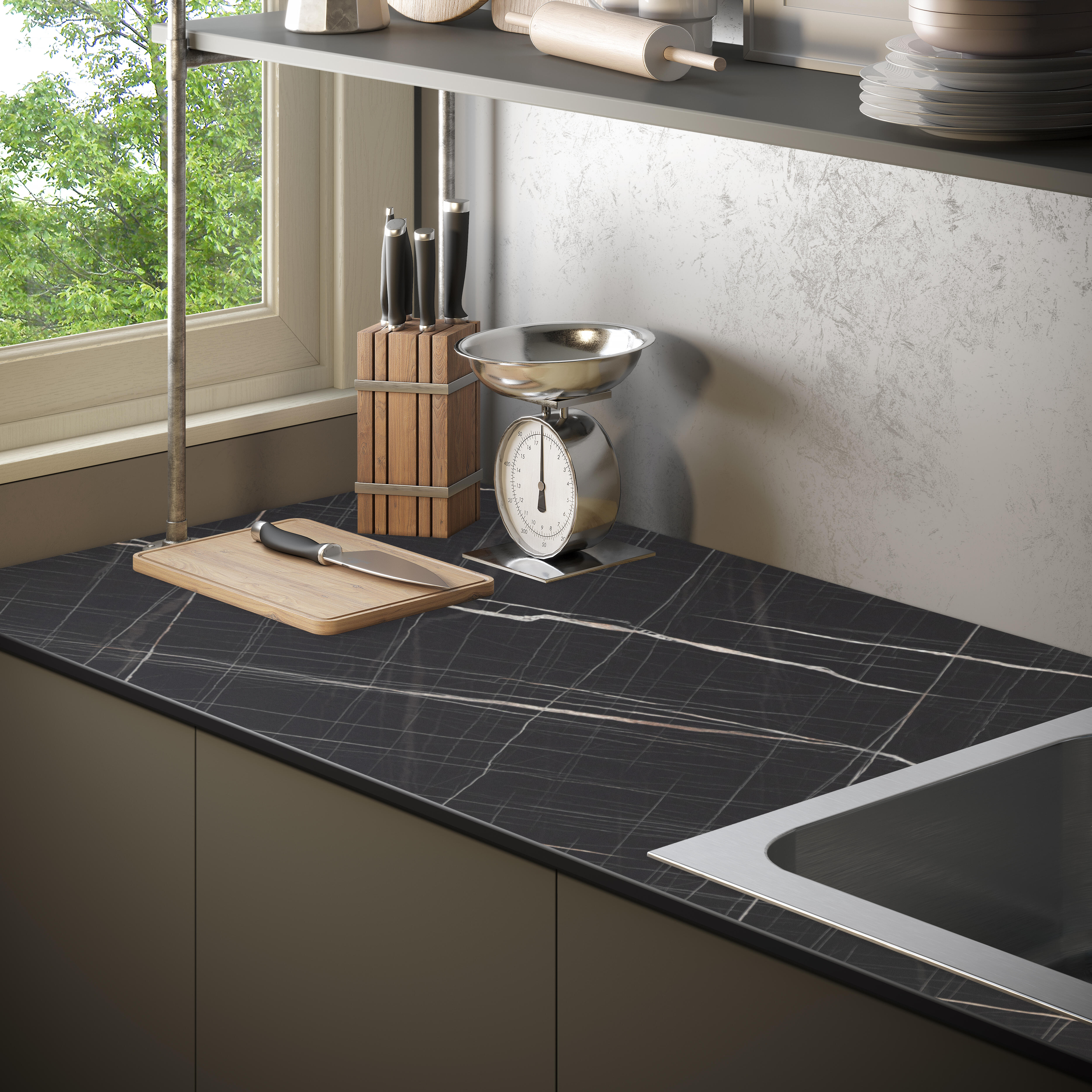 Encimera de cocina laminada compacta Tokyo marmol negro 300x63 cm espesor 12mm - 5