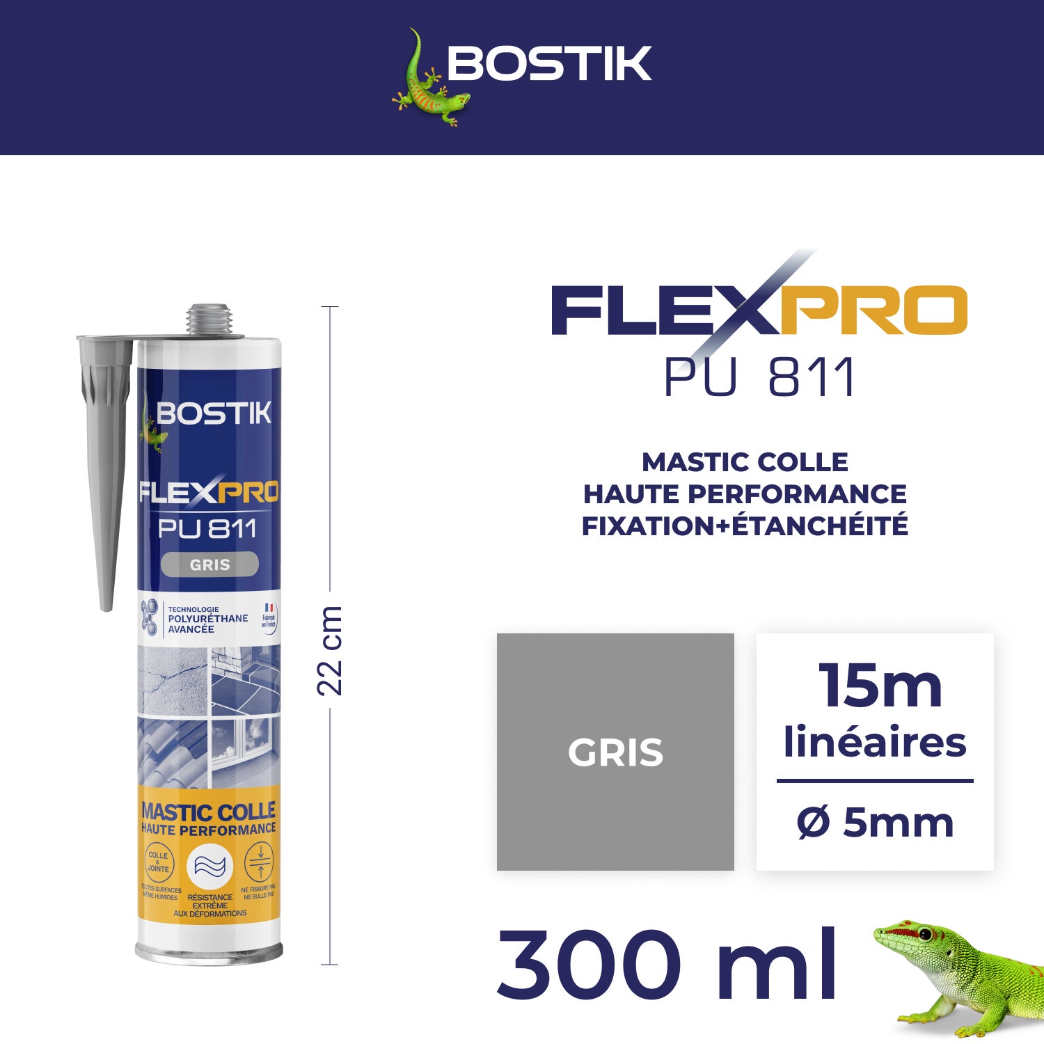Colle de fixation gel polyuréthane BOSTIK Flexpro pu 811 gris, 300ml - 2