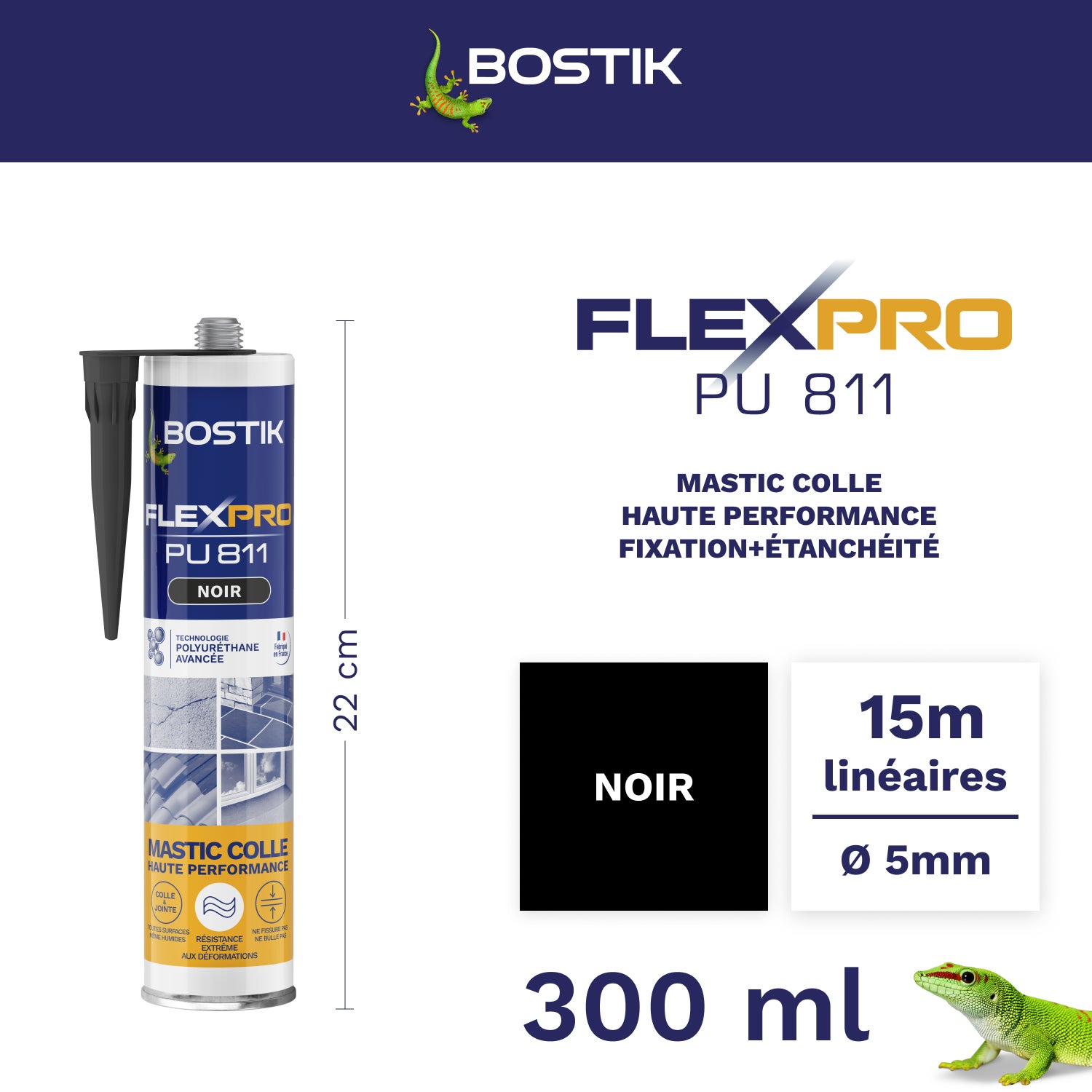 Colle de fixation gel polyuréthane Flexpro pu 811 BOSTIK, 300ml noir - 2