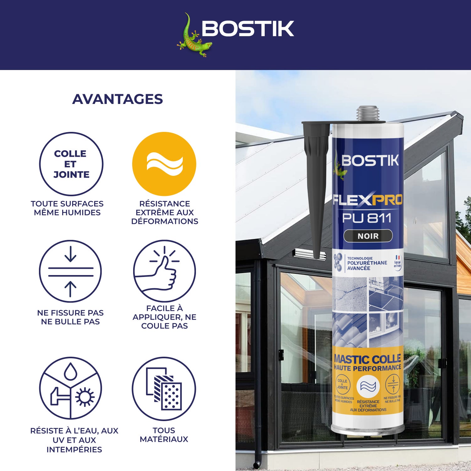 Colle de fixation gel polyuréthane Flexpro pu 811 BOSTIK, 300ml noir - 4
