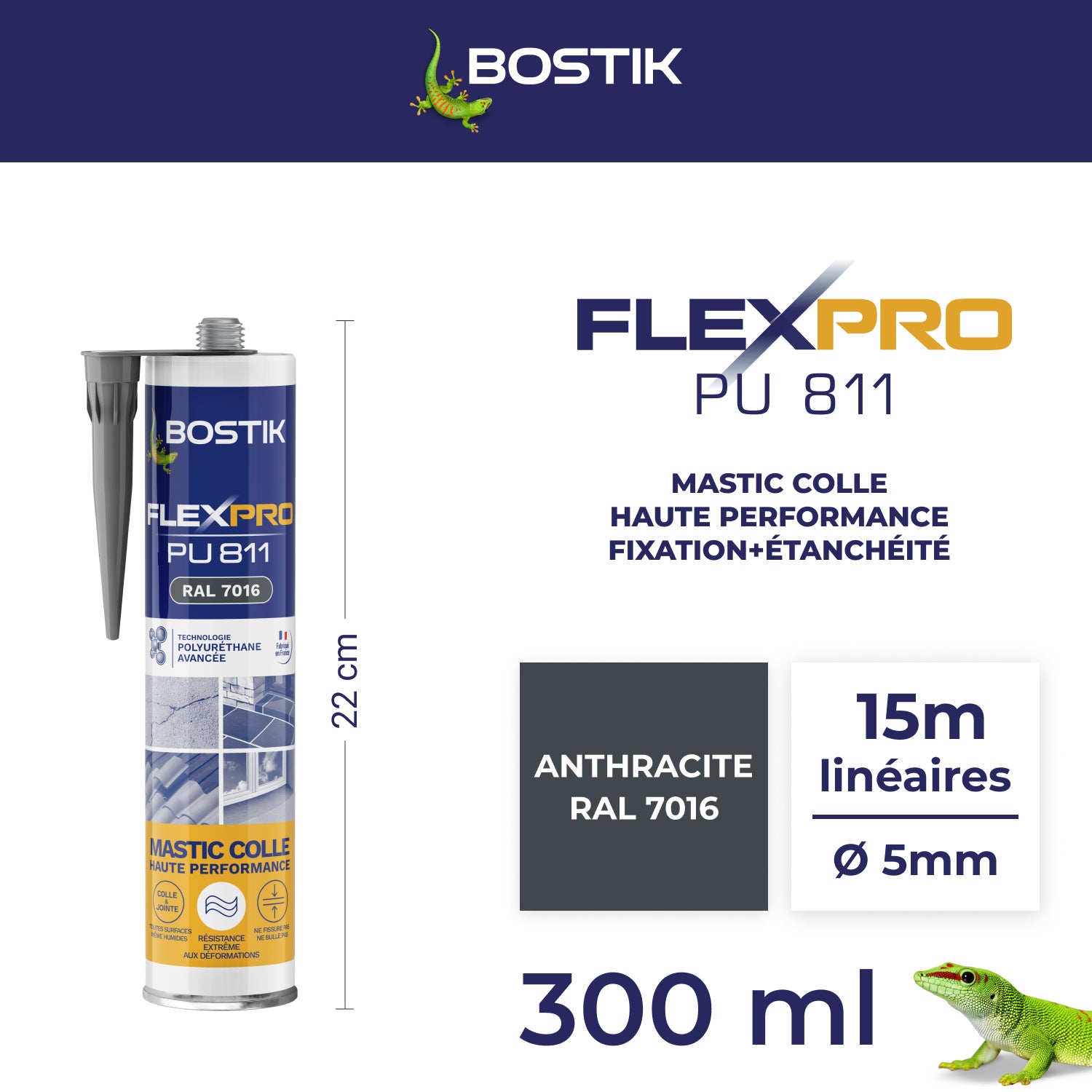 Colle de fixation gel polyuréthane Flexpro pu 811 BOSTIK, 300ml gris - 2