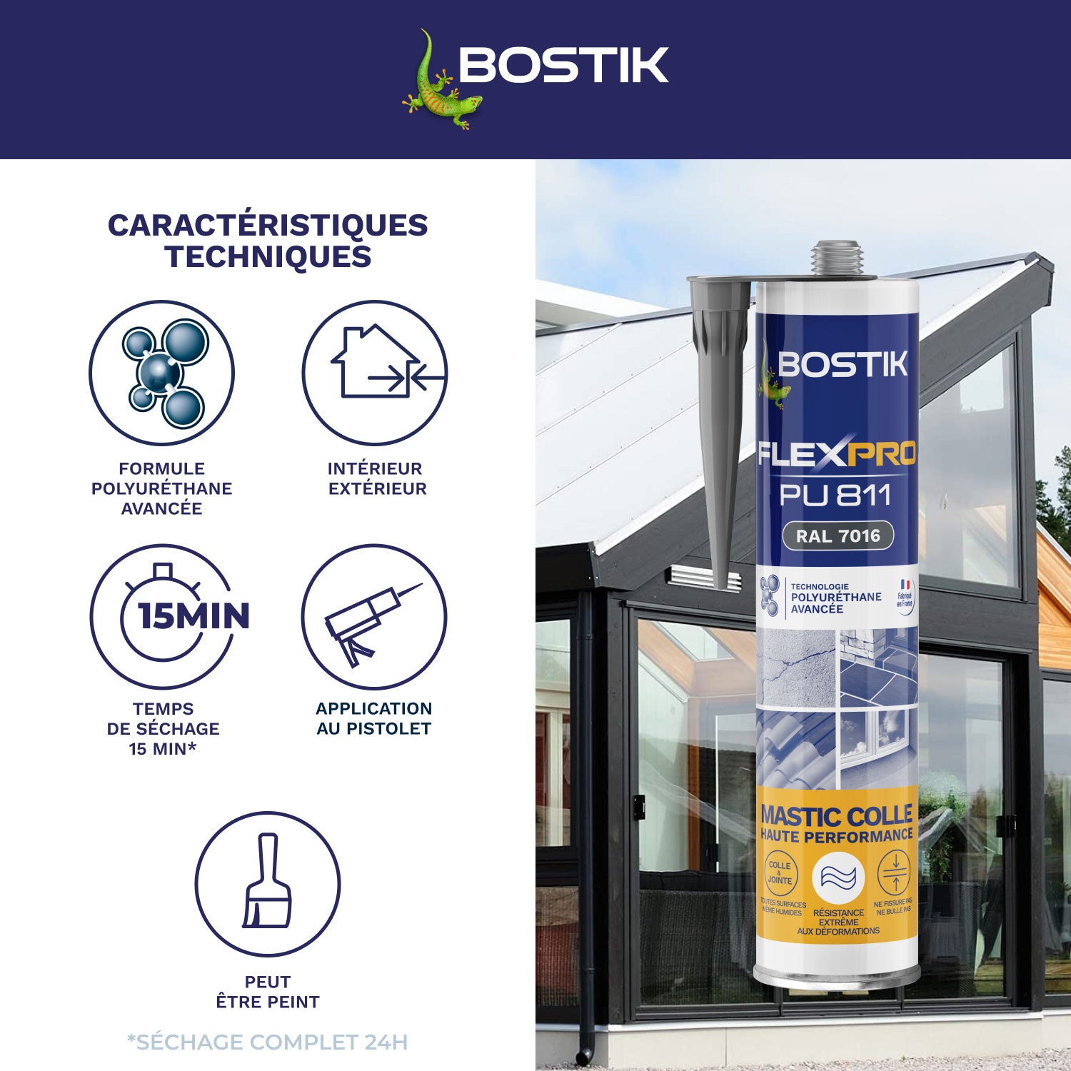 Colle de fixation gel polyuréthane Flexpro pu 811 BOSTIK, 300ml gris - 3