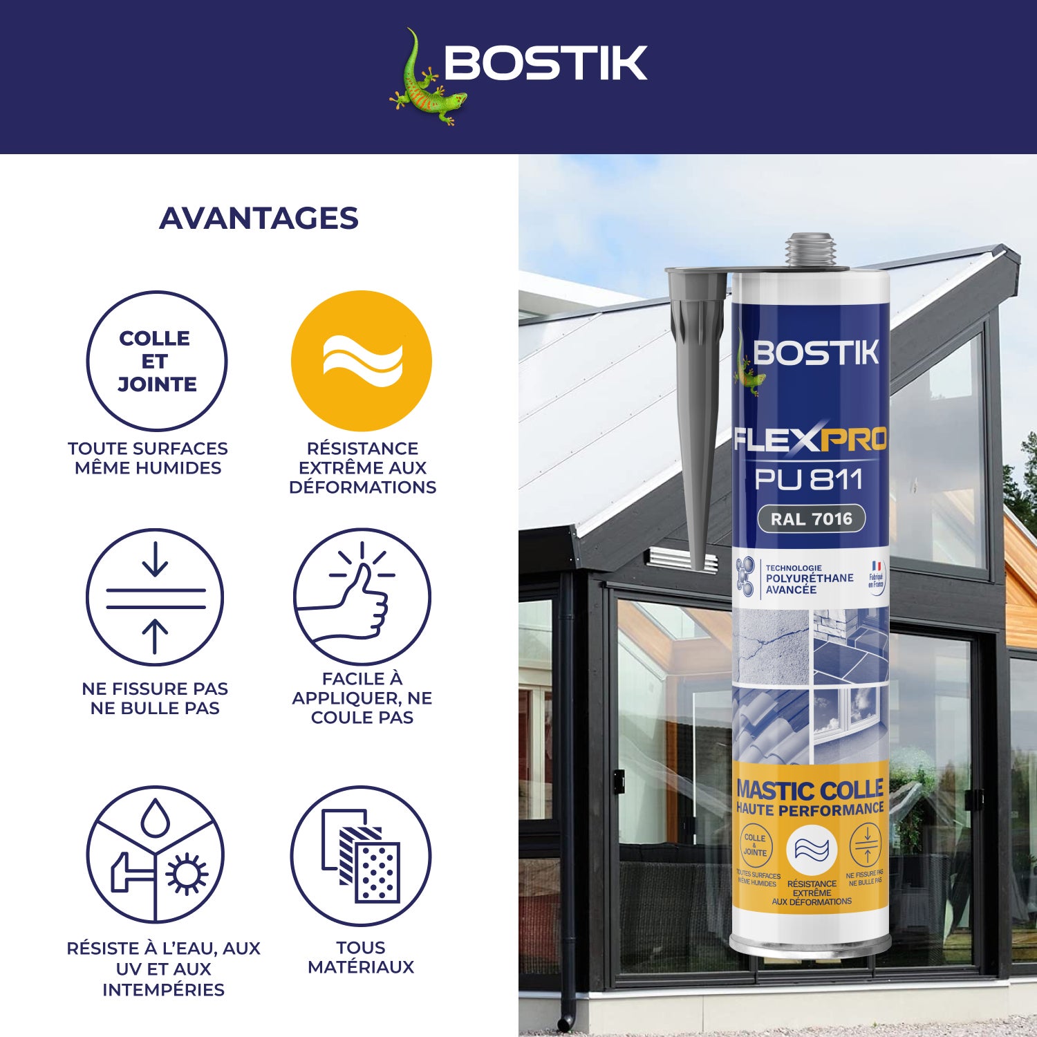 Colle de fixation gel polyuréthane Flexpro pu 811 BOSTIK, 300ml gris - 4