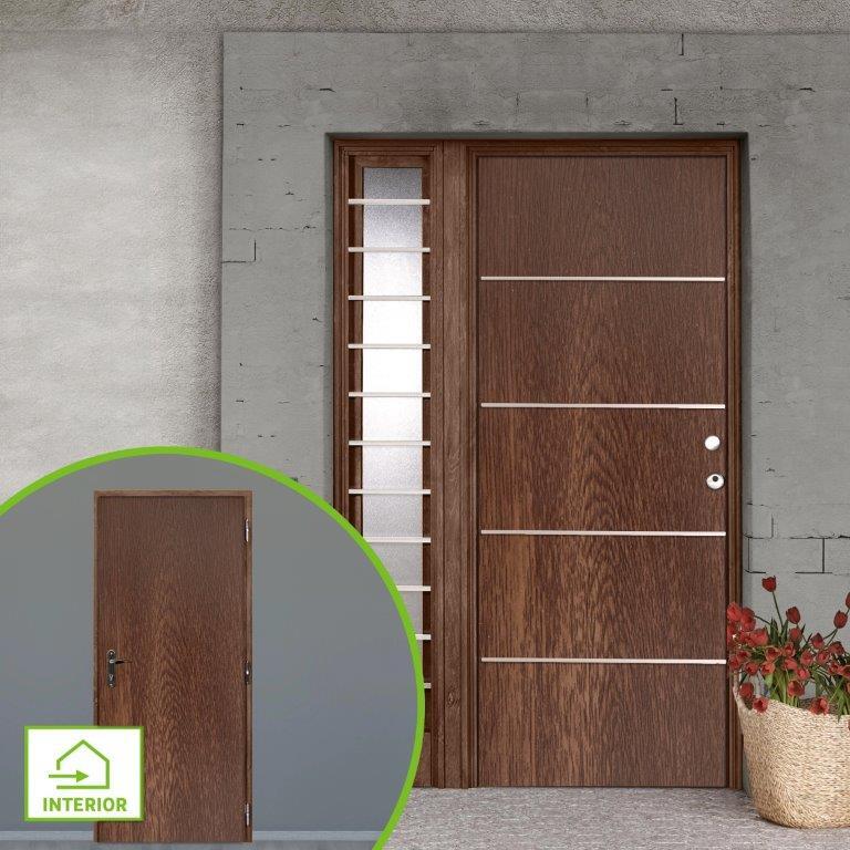 Puerta de entrada metálica Inserciones inox fresada nogal /interior liso nogal apertura izquierda 209x93cm - 2