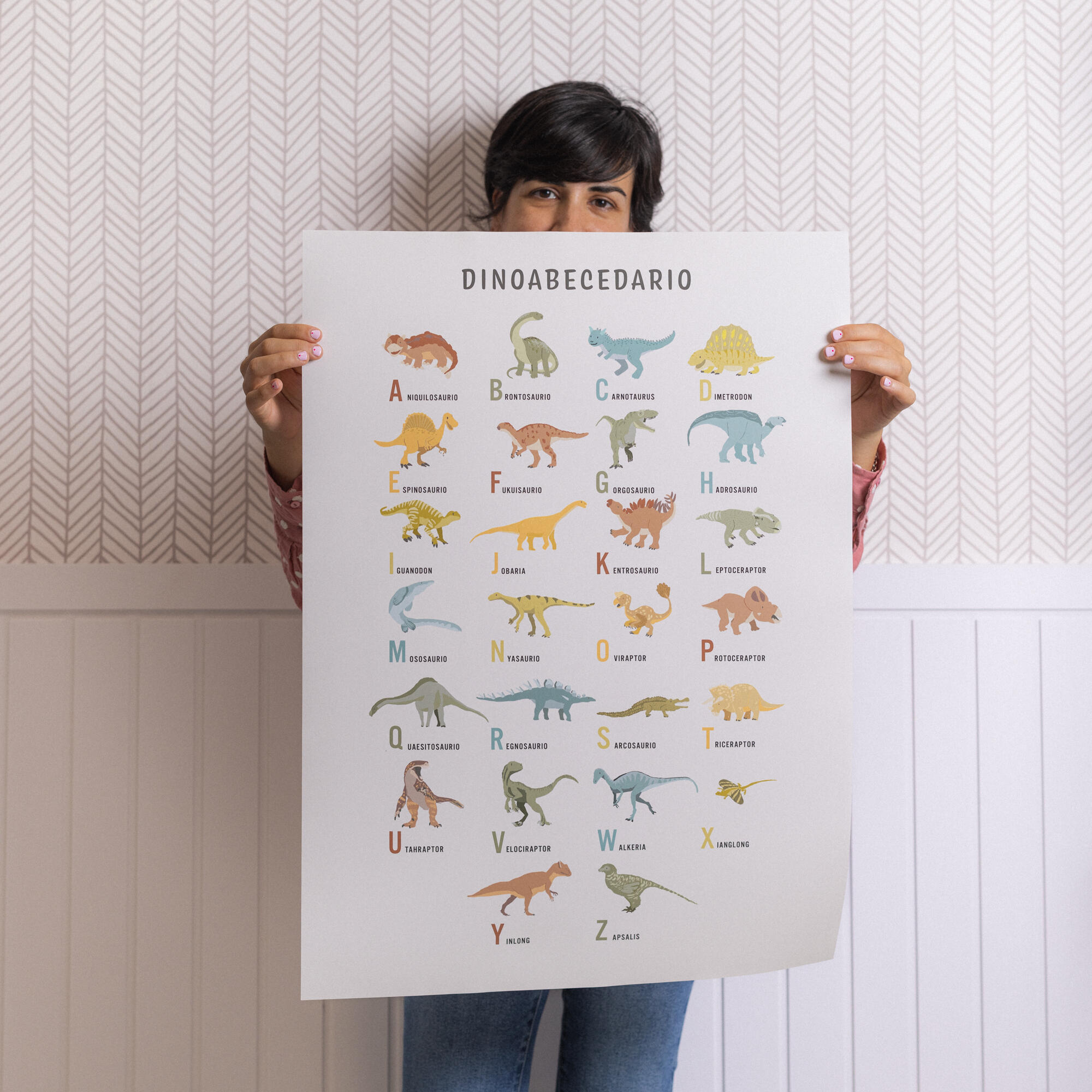 Lámina Infantil rectangular de 50 x 70 cm. Papel Dinoabecedario blanco, naranja y azul - 4