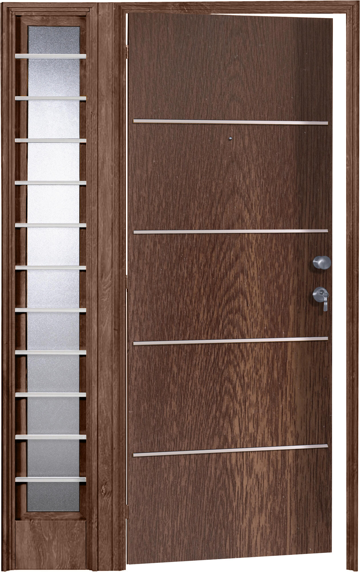 Puerta de entrada metálica Inserciones inox fresada nogal /interior liso nogal apertura izquierda 209x93cm - 12