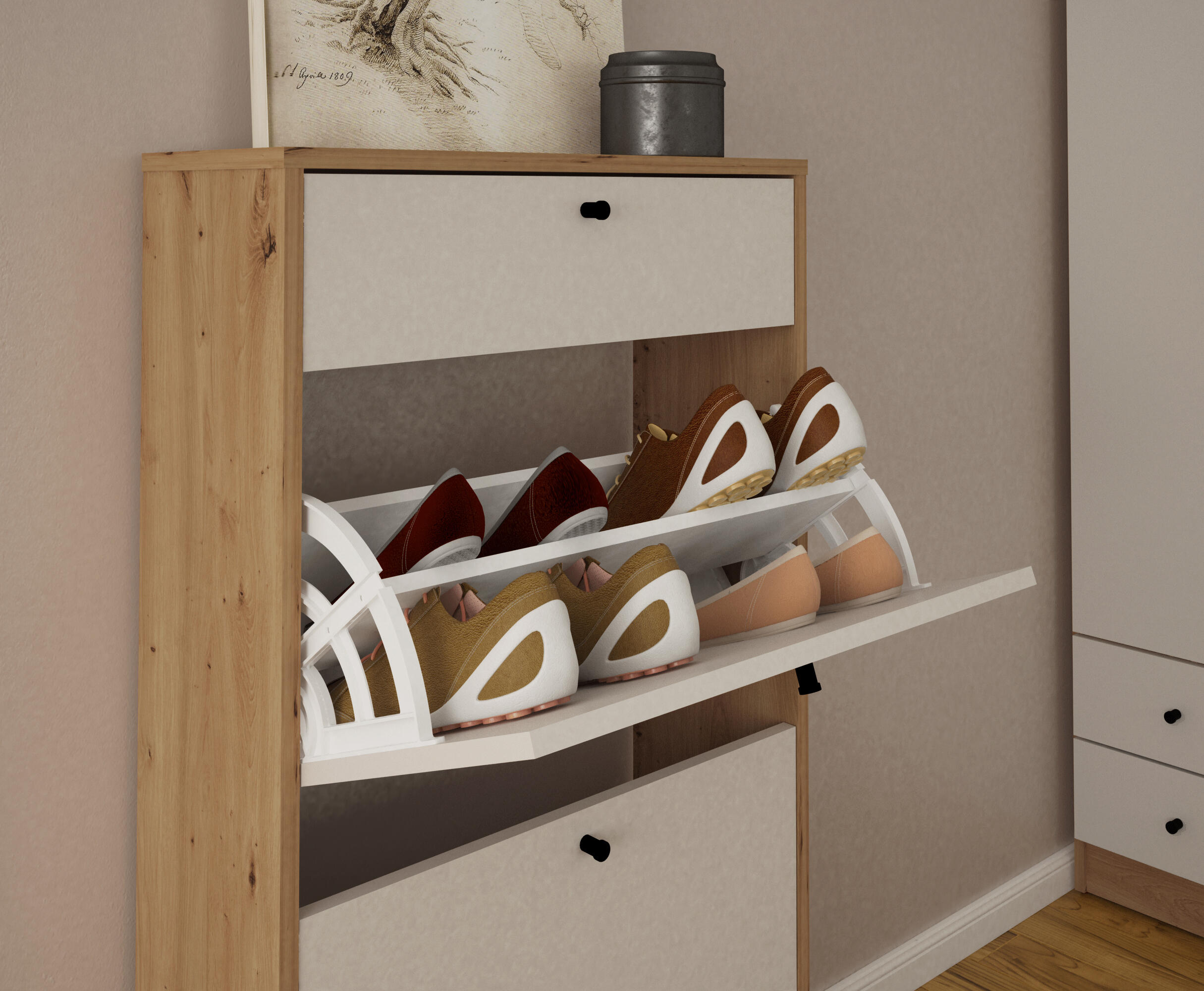 Sapateira 3 portas 8 pares 113x69x24,6 cm carvalho/branco Home Ardila - 3