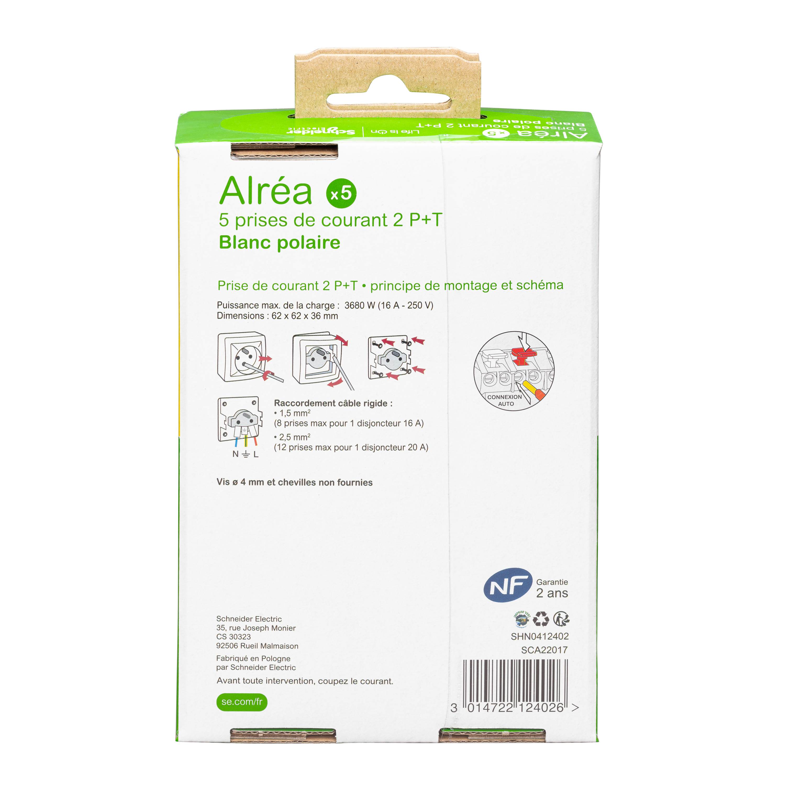 Lot de 5 prises avec terre saillie complet Alréa, SCHNEIDER ELECTRIC, blanc - 3