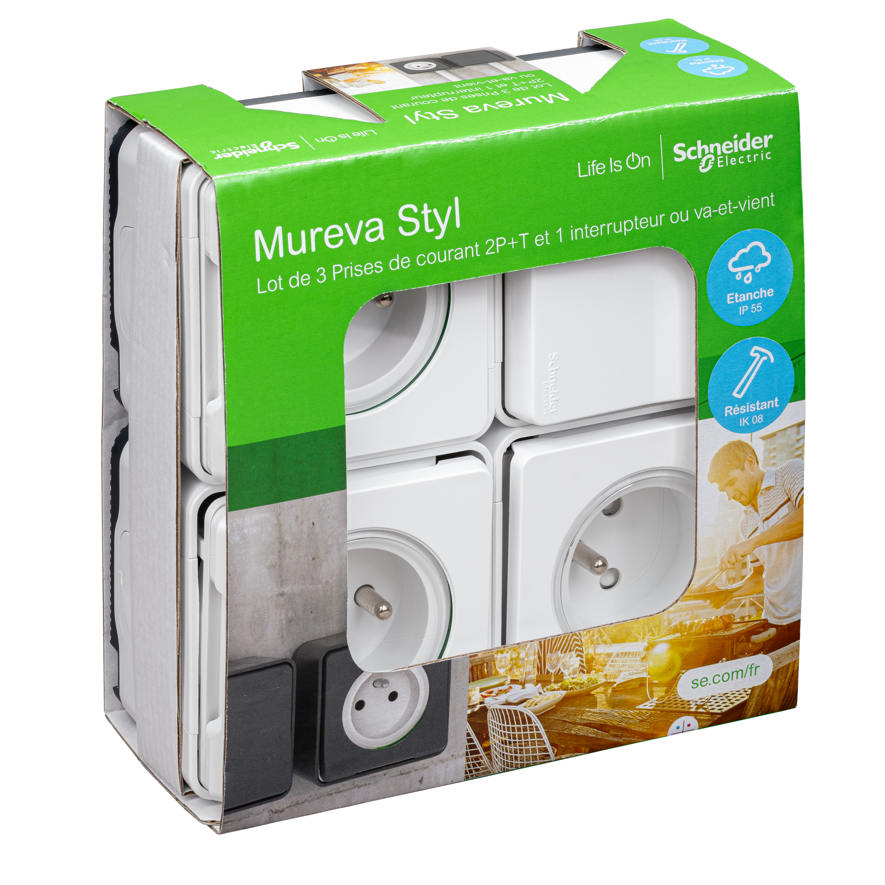 Lot 3 prises avec terre et 1 interrupteur Mureva Styl, SCHNEIDER ELECTRIC, blanc - 10