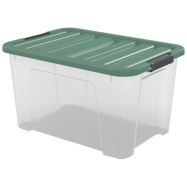 Caja de plástico reciclado transparente capacidad 44L medidas 55x30.5x39 cm