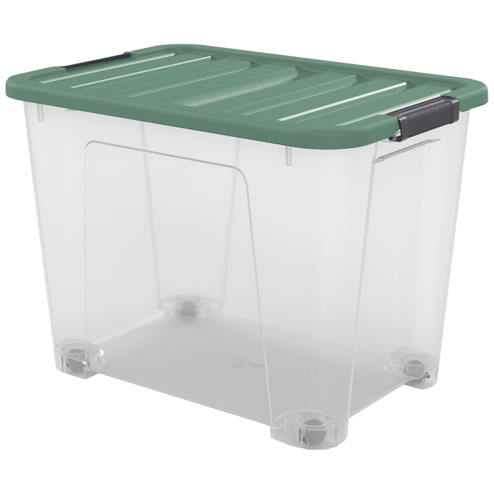 Caja de almacenamiento de plástico reciclado con ruedas.