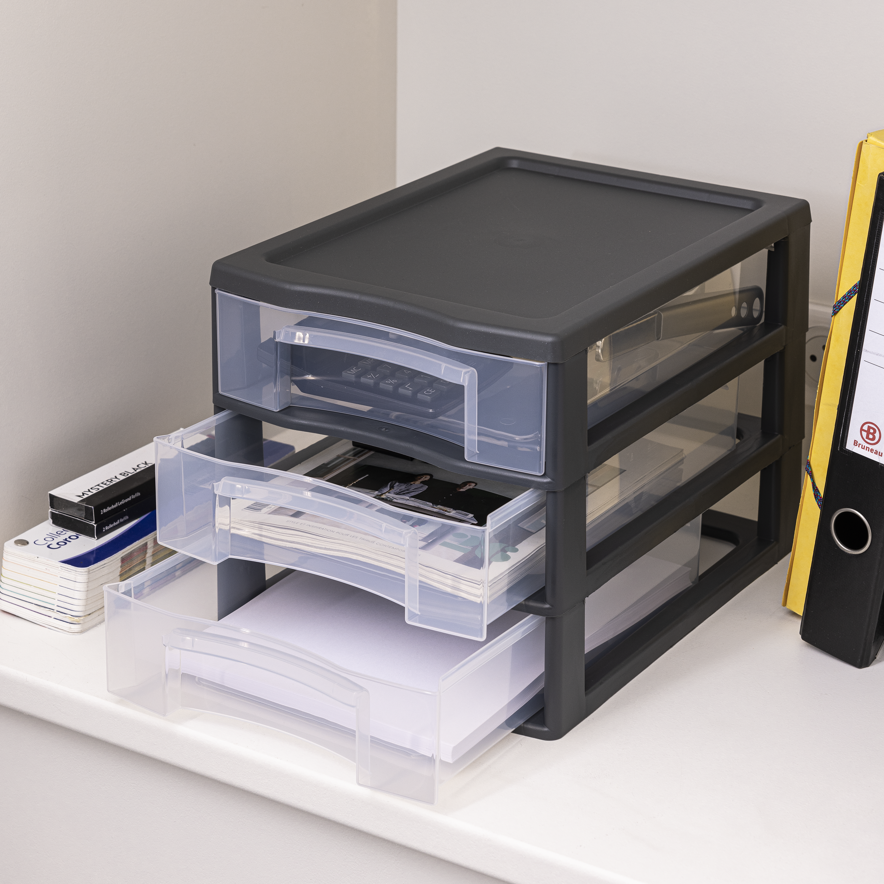 Bloco de 3 gavetas PVC transparente e cinza 36,5x26x25,5cm Spaceo - 3