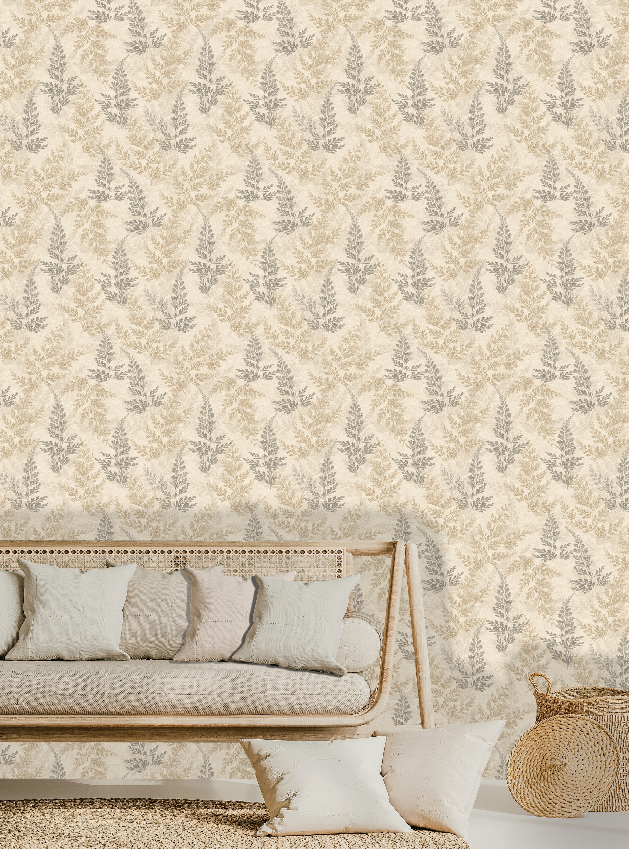Papel pintado vinilo aplicación cola en pared floral vegetal hojas areca beige decoprint 53cmx10m fregable