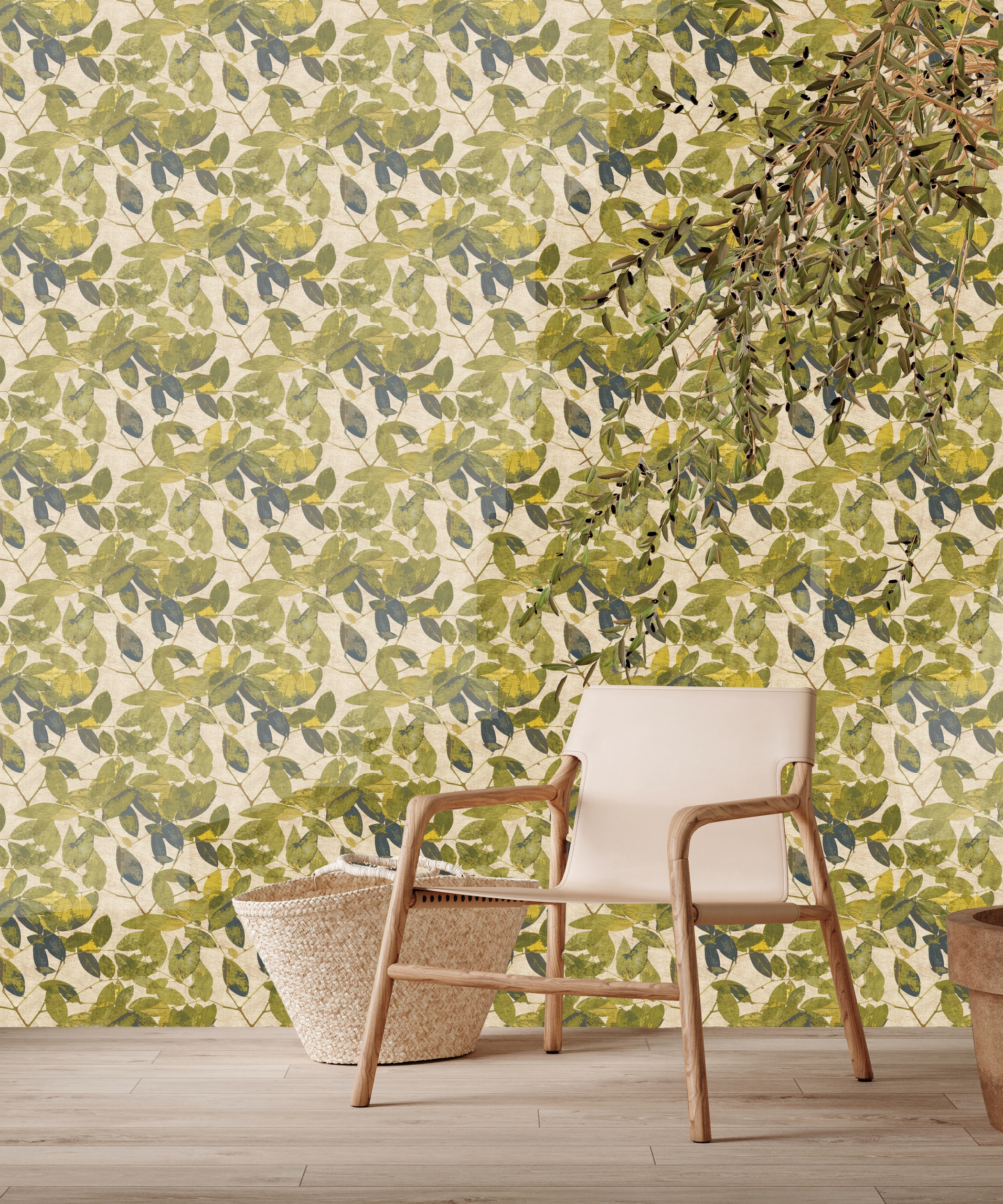 Papel pintado vinilo botánico, plantas o floral hojas elipticas verde