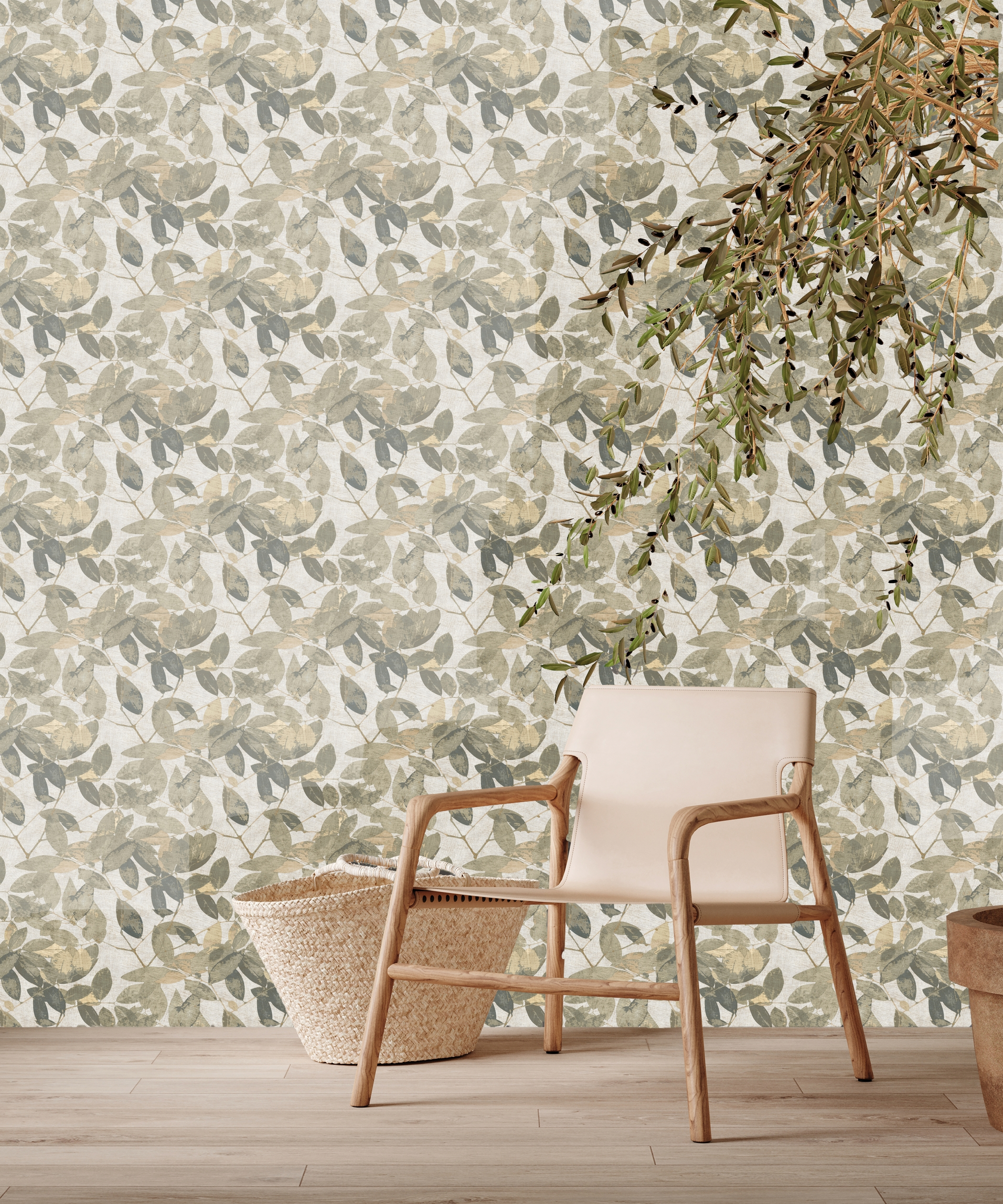 Papel pintado vinilo aplicación cola en pared floral vegetal hojas elipticas beige decoprint 53cmx10m fregable