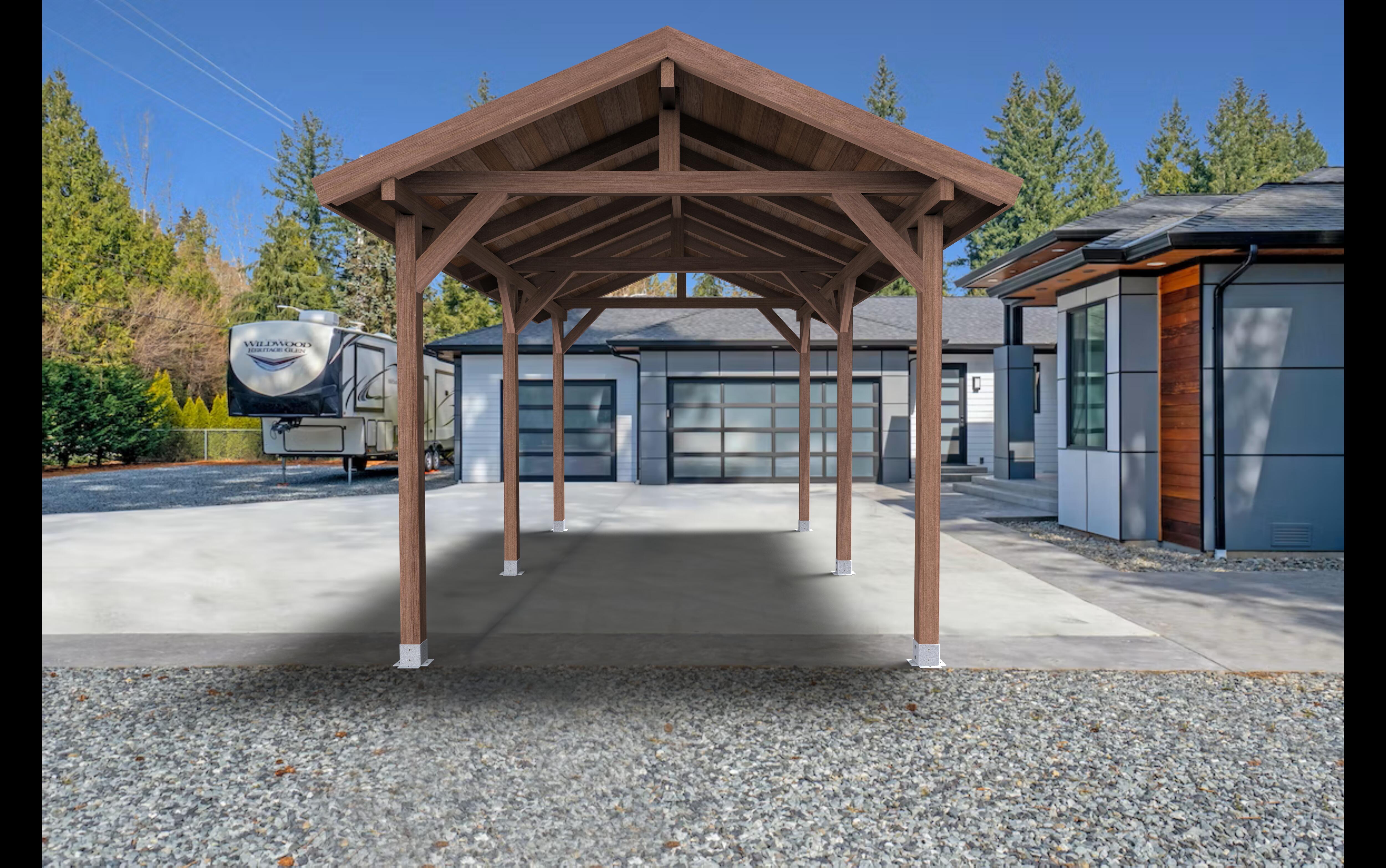 pergola de madera con cubierta y cortinas mausa adeje de 500 x 300 cm marron