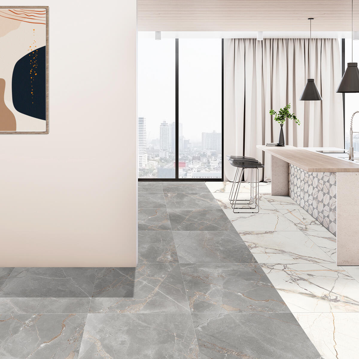 Piastrella da pavimento e rivestimento interno in gres porcellanato 60 x 60 cm rettificato smaltato grigio-argento marmorizzato opaco Elite R9 traffico intenso (pei 4/5) Sp. 7.4 mm 1.44 mq - 3