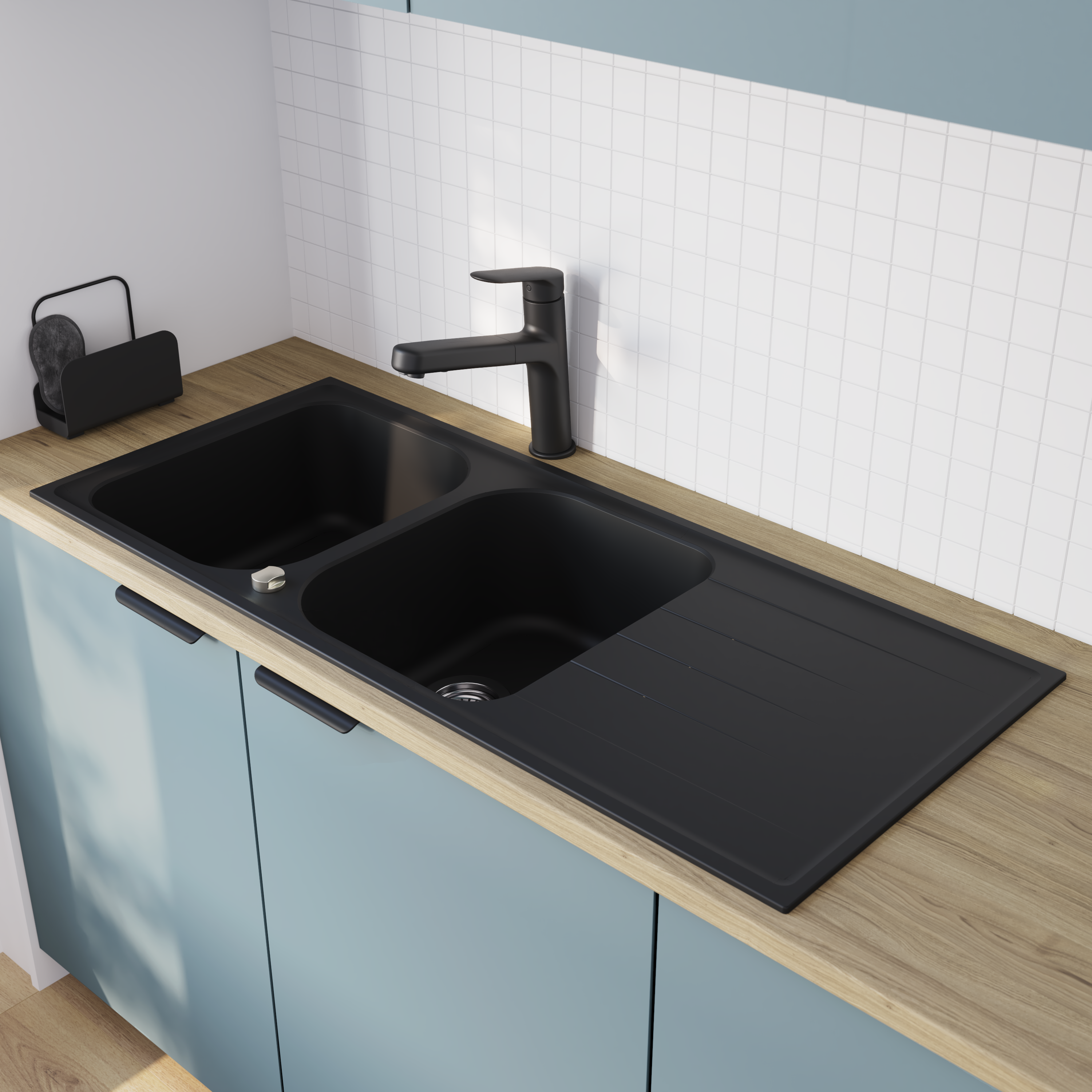 Evier en quartz et résine 2 bacs 116 x 50 cm vidage inclus Elbe noir - 2