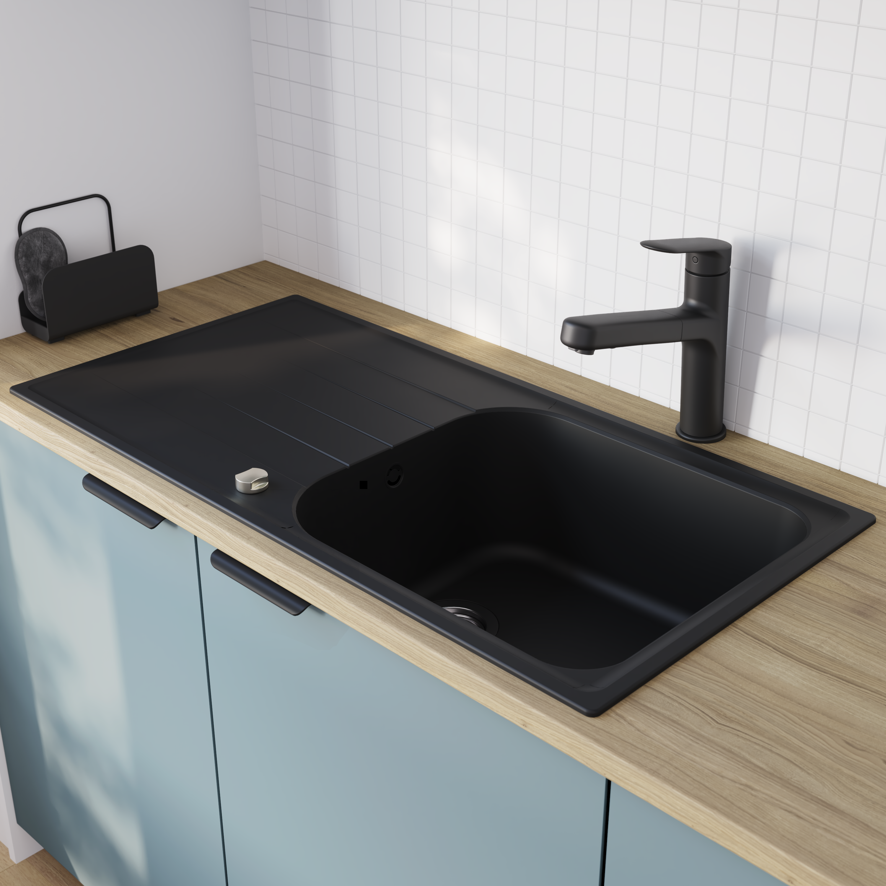 Evier à encastrer 1 grand bac avec égouttoir, Quartz et résine, ELBE Noir - 2