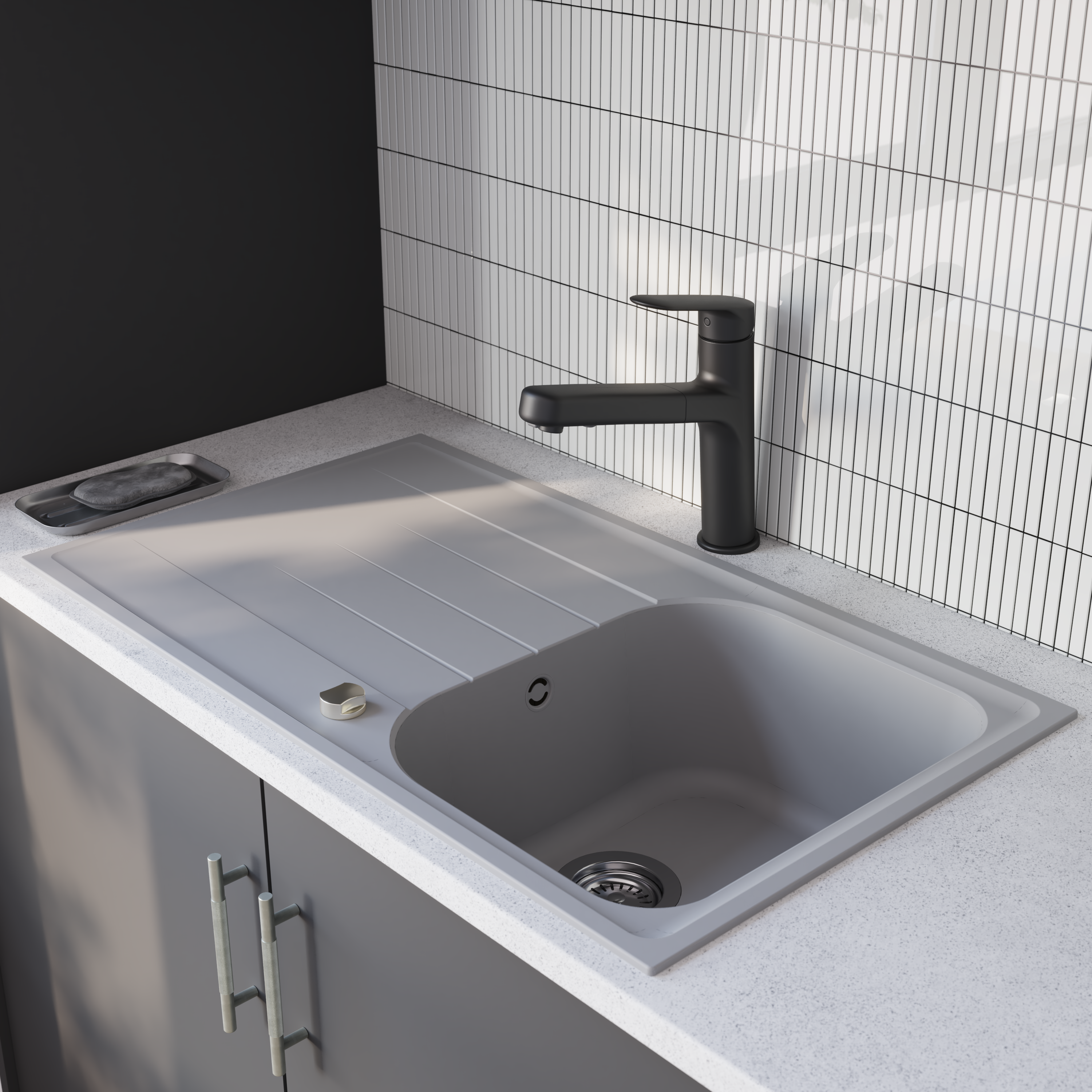 Evier en quartz et résine 1 bac 86 x 50 cm vidage inclus Elbe gris - 2