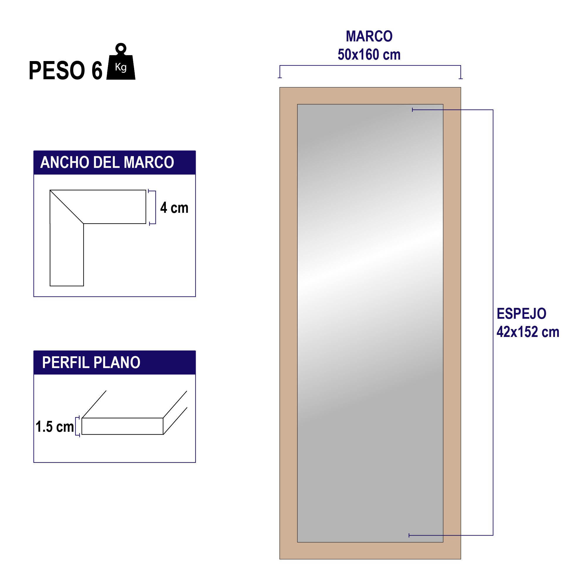 Espejo enmarcado con pie (suelo) rectangular madera blanco satinado de 50 x 160 cm. Apto para baños. - 3