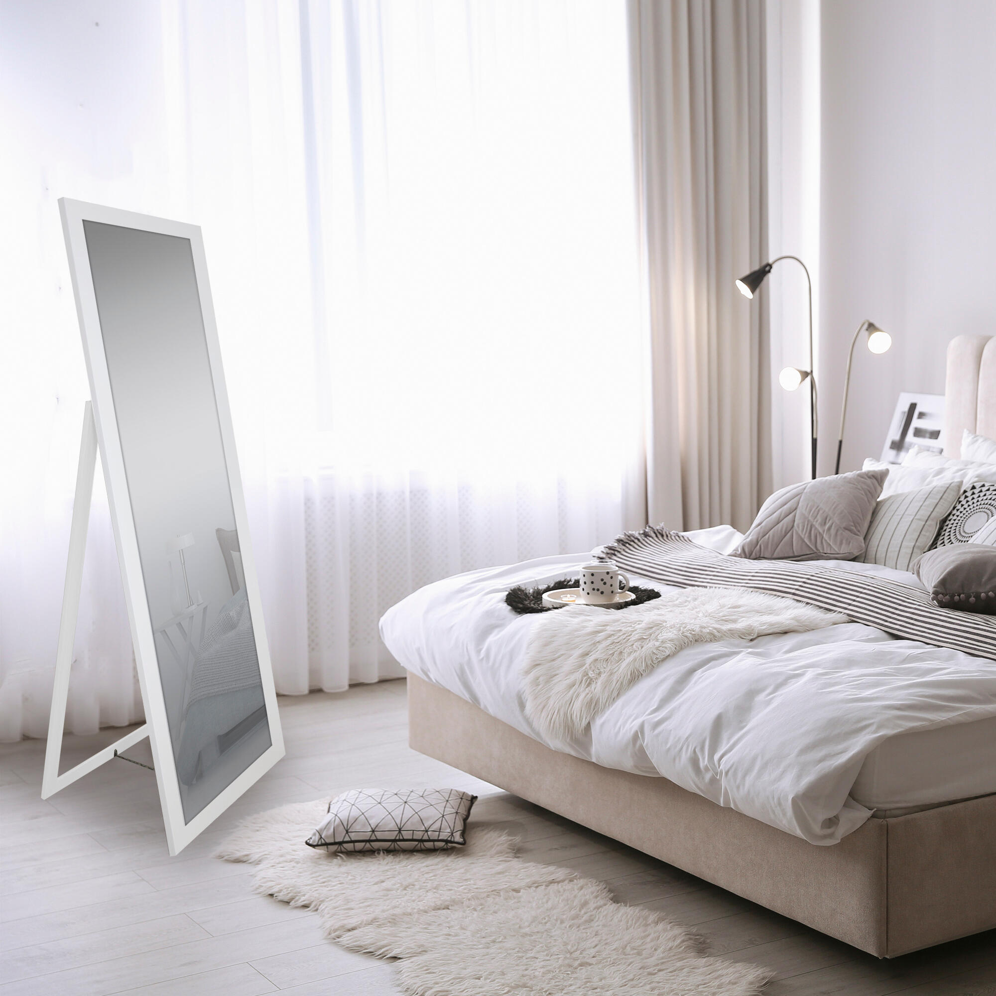 Espejo enmarcado con pie (suelo) rectangular madera blanco satinado de 50 x 160 cm. Apto para baños. - 2