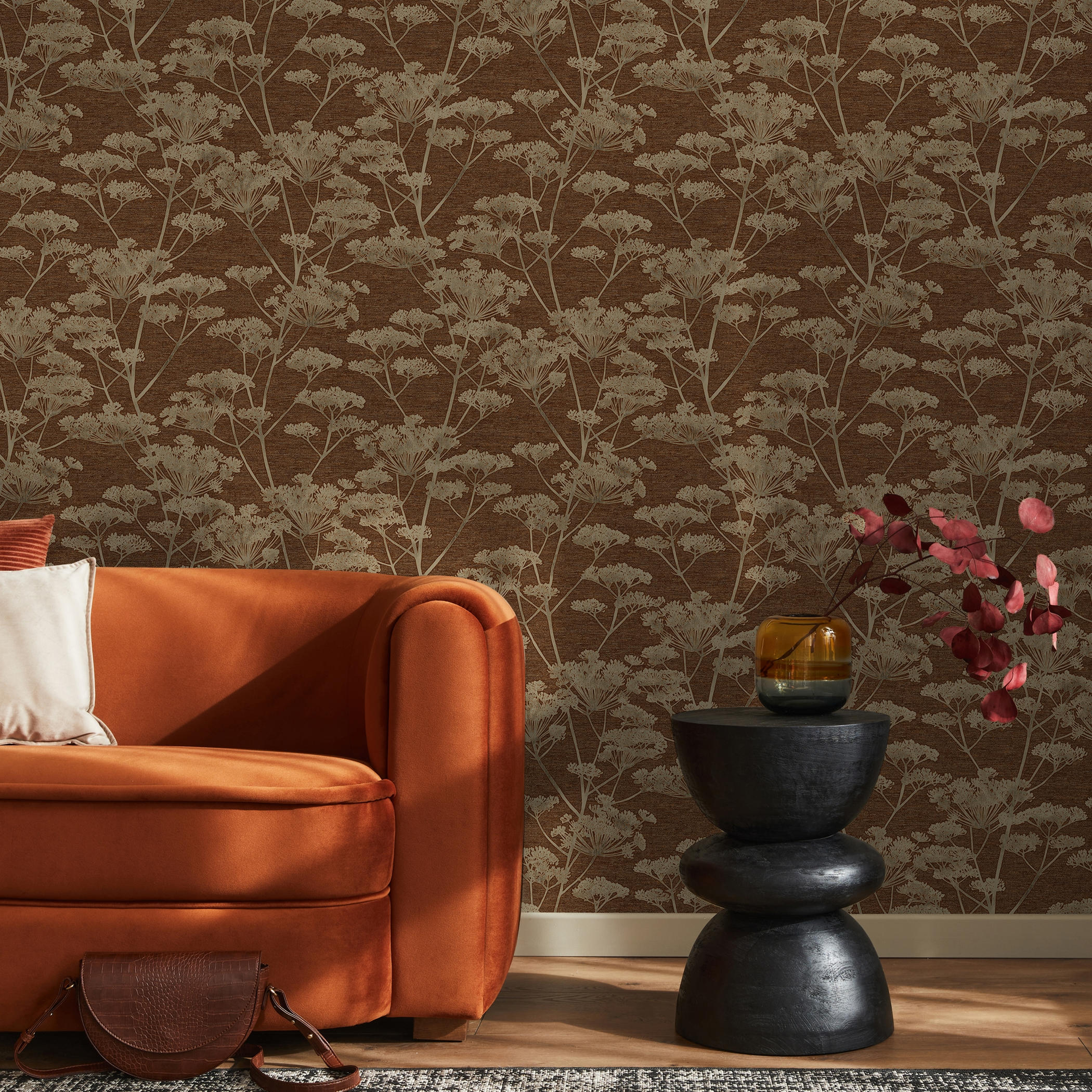 Papel pintado vinilo botánico, plantas o floral arboleda naranja