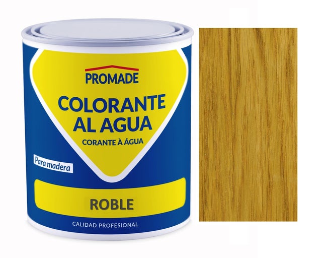 Colorante de madera interior PROMADE en color roble, acabado mate para mobiliario líquido de 375 ml. Base agua.