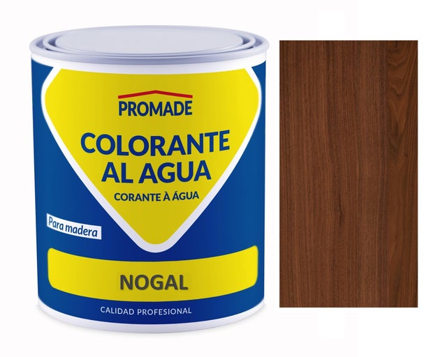 Colorante de madera interior PROMADE en color nogal, acabado mate para mobiliario líquido de 375 ml. Base agua.