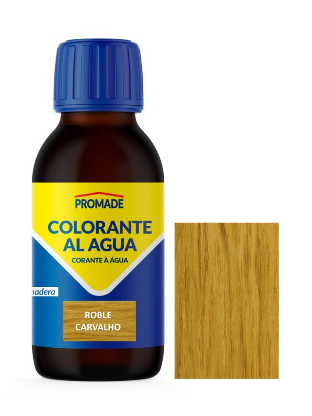 Colorante de madera interior PROMADE en color roble, acabado mate para mobiliario líquido de 125 ml. Base agua.